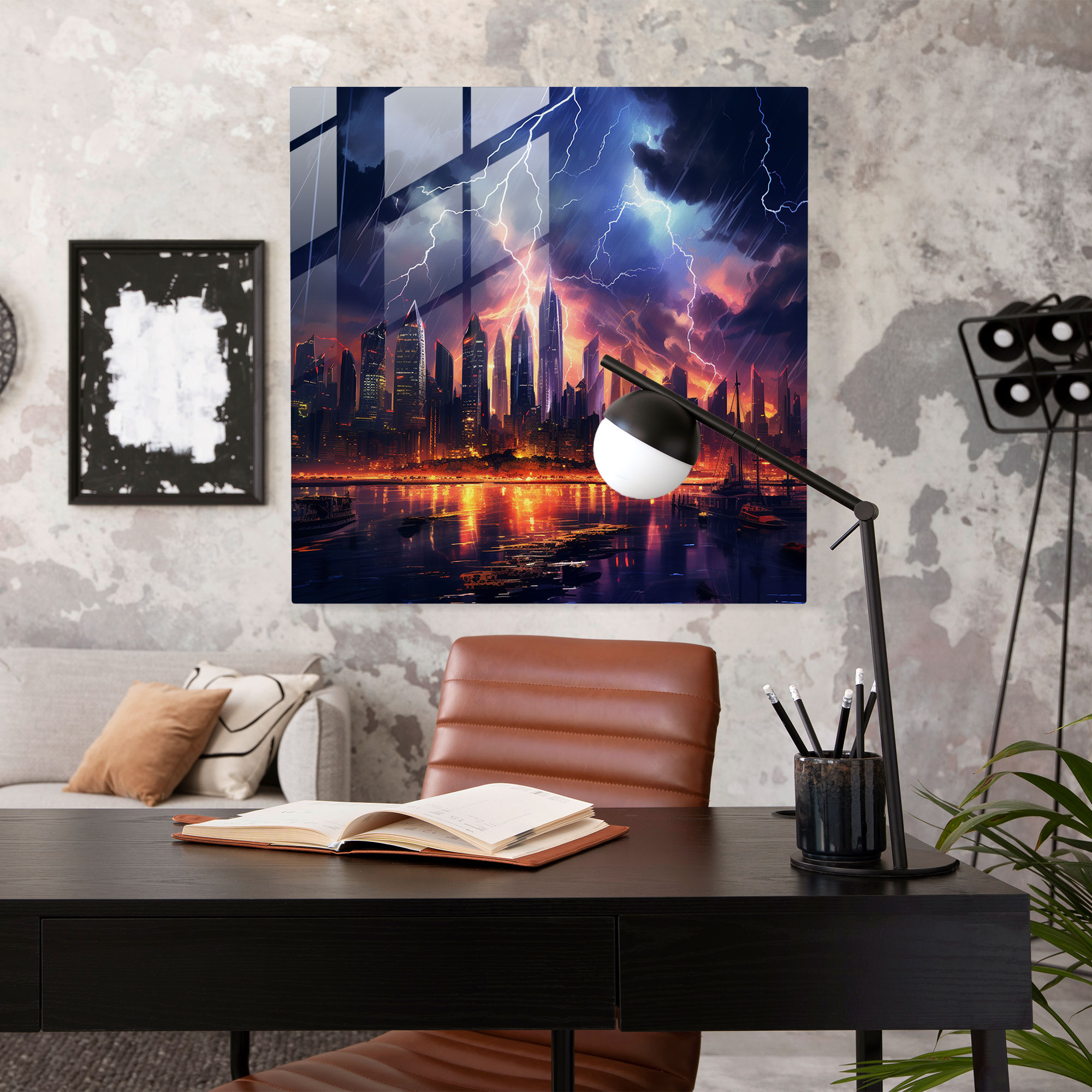 Fırtınalı Şehir Cam Tablo - Fırtına Duvar Dekorasyonu Modern Sanat Cam Sanatı