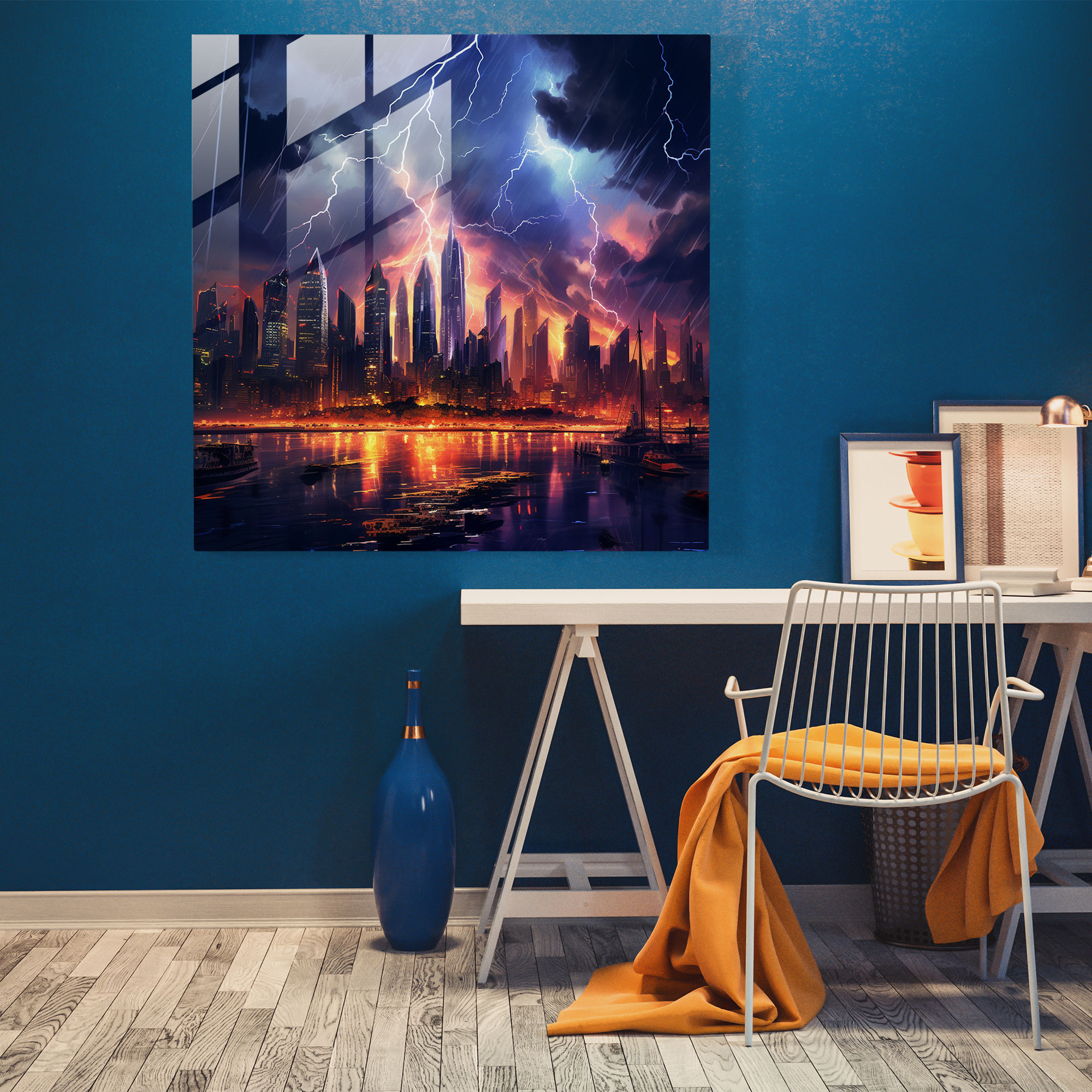 Fırtınalı Şehir Cam Tablo - Fırtına Duvar Dekorasyonu Modern Sanat Cam Sanatı
