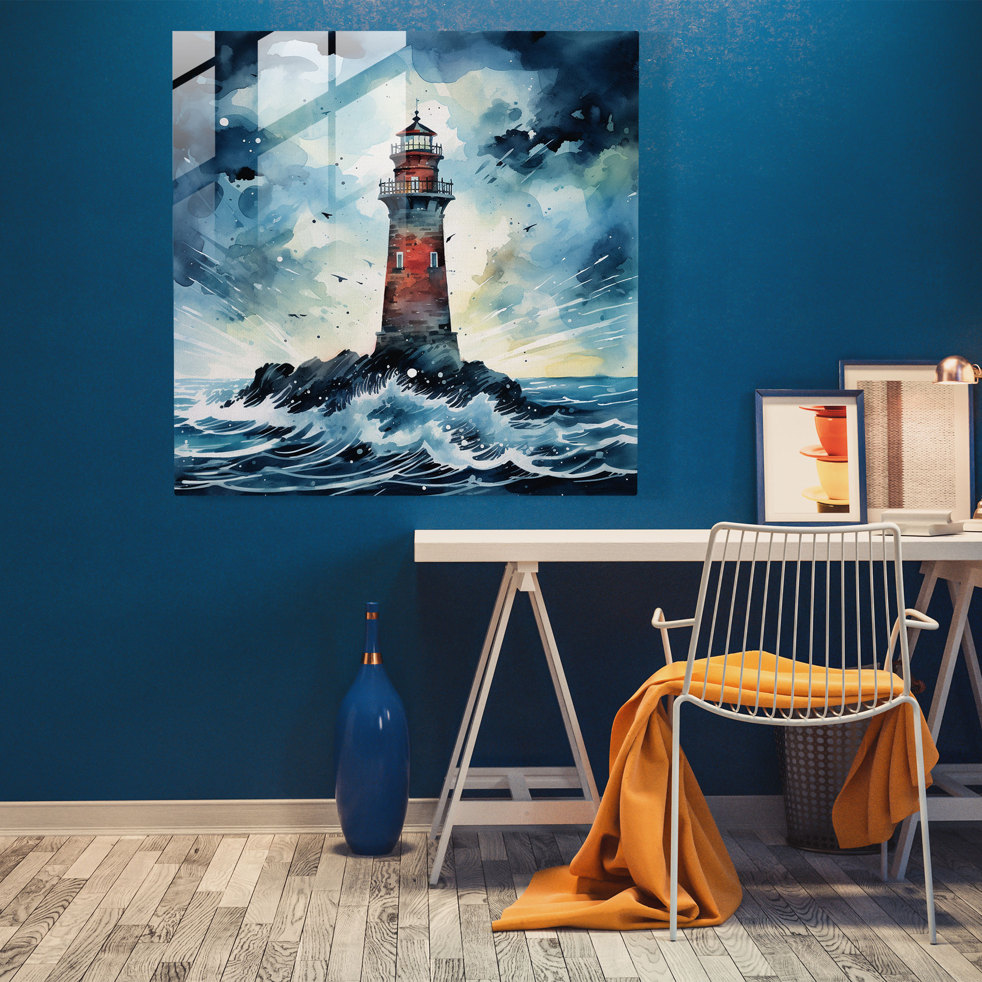 Stormy Lighthouse Glass Print - Storm, Glass Wall Art, Wall Decoration, Modern Art