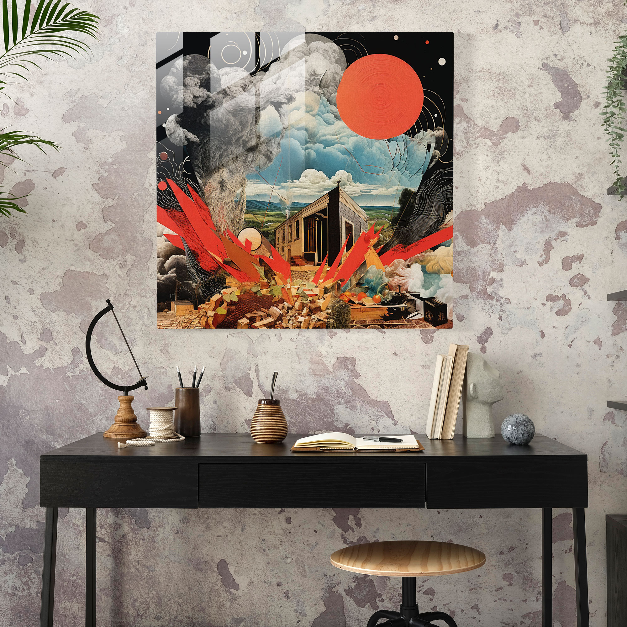 Fırtına Manzaralı Kolaj - Cam Duvar Sanatı - Modern Sanat Ekletik Fırtına Hızı