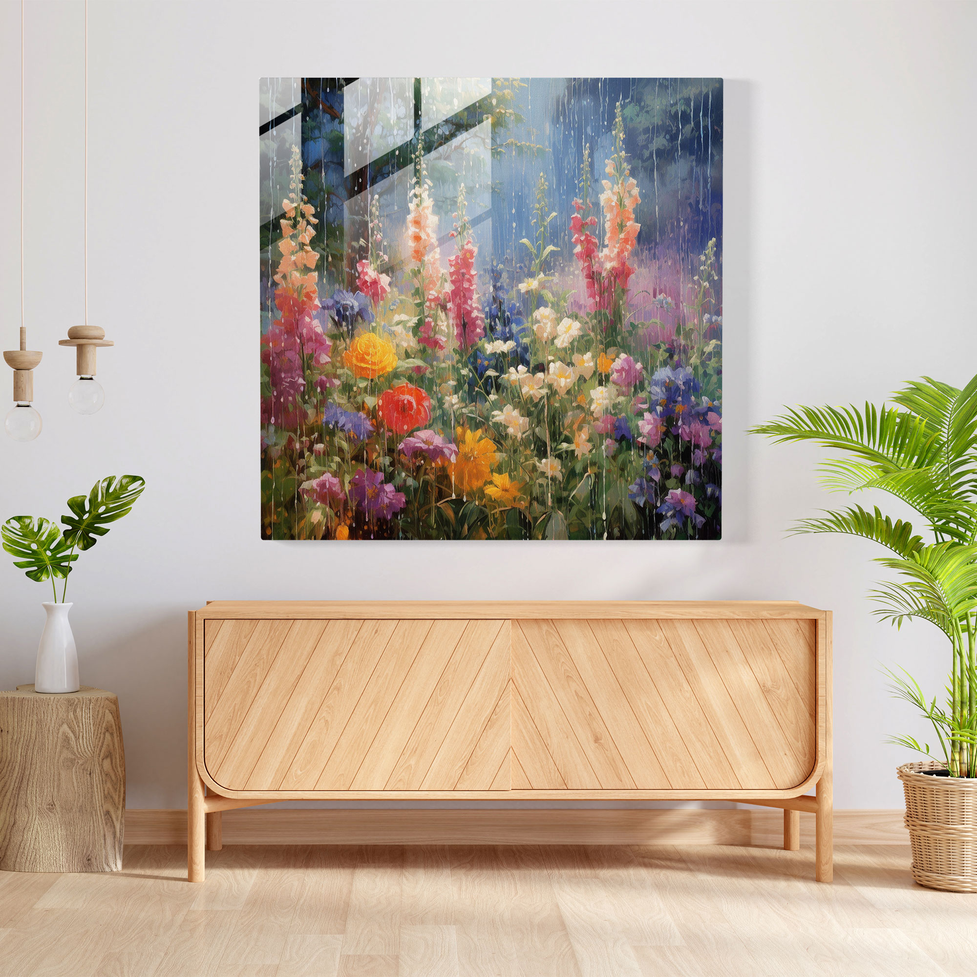 Summer Rain Glass Print - Storm, Flowers, Glass Art, Rain Shower