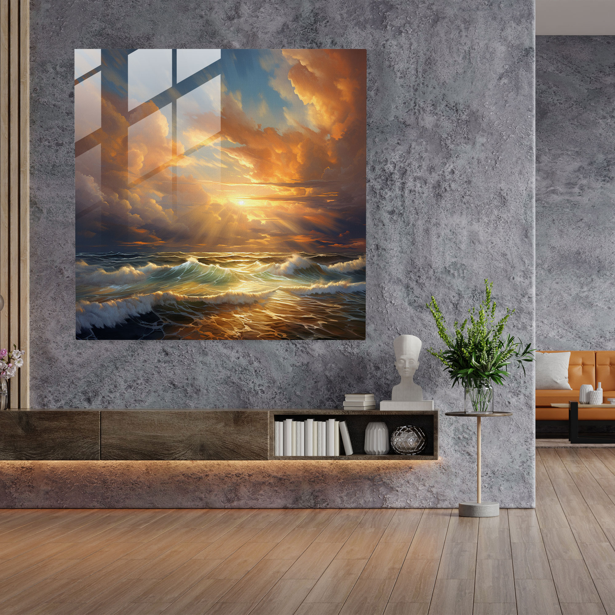 Golden Serenity Glass Print - Storm, Seascape, Glass Art, Serenity