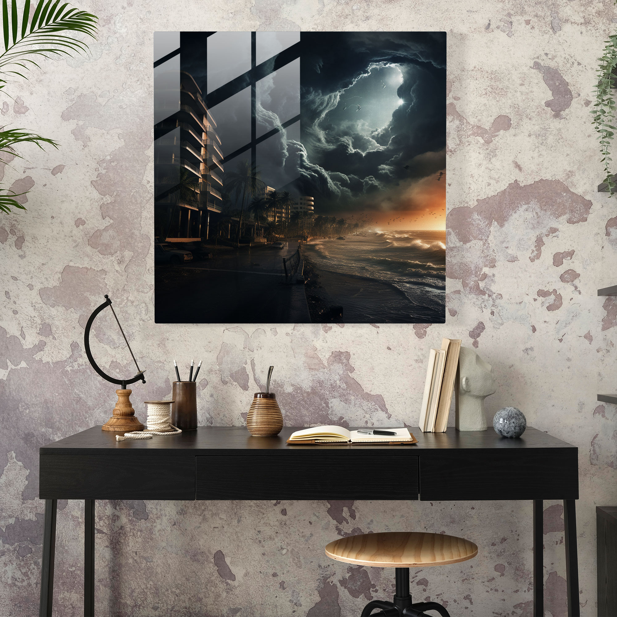 Hurricane Fury Glass Print - Storm, Wall Decoration, Home Decoration, Coastal City