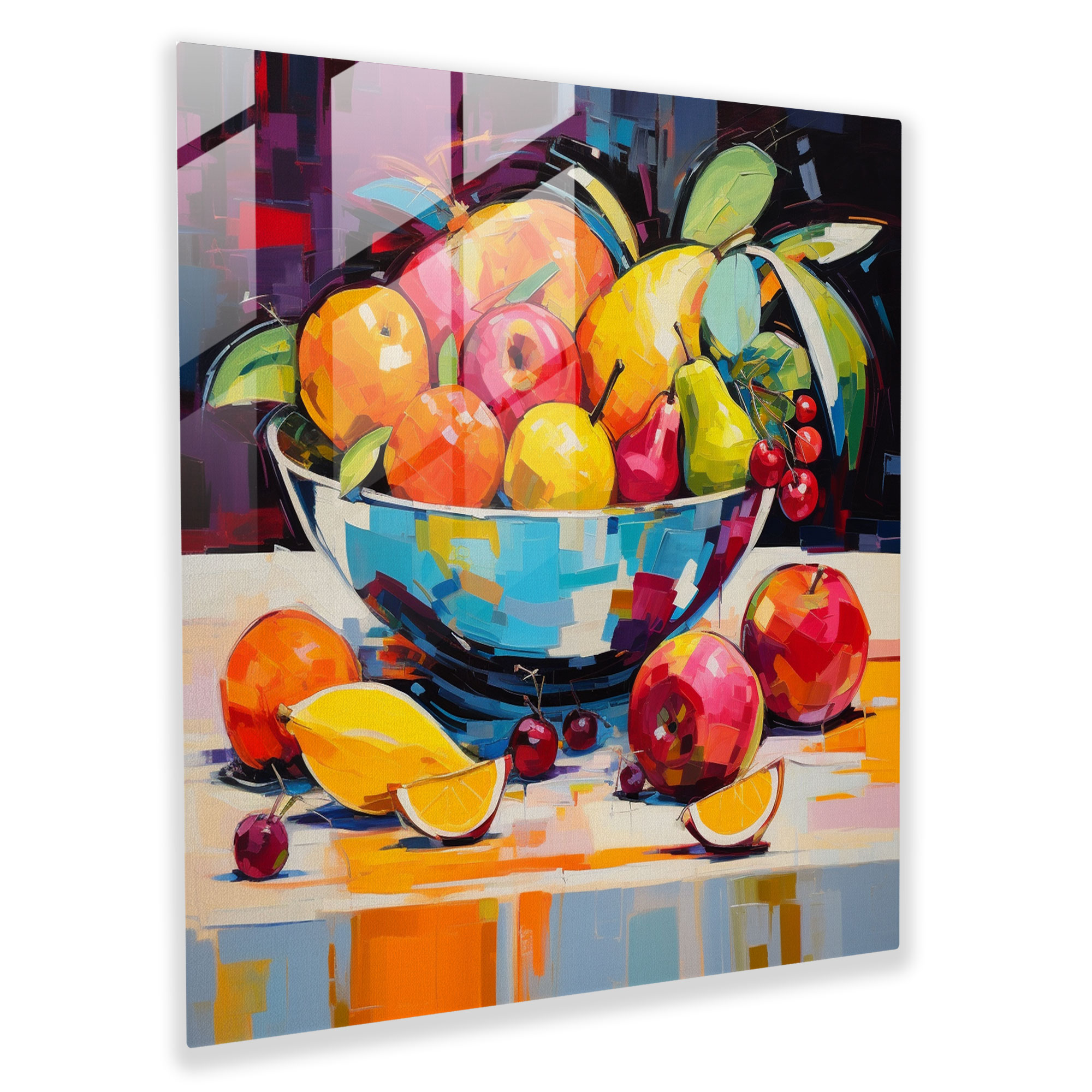 Still Life Glass Print - Abstract Fruit Bowl - Still Life, Fruit Bowl, Dynamic Brushstrokes, Glass Print