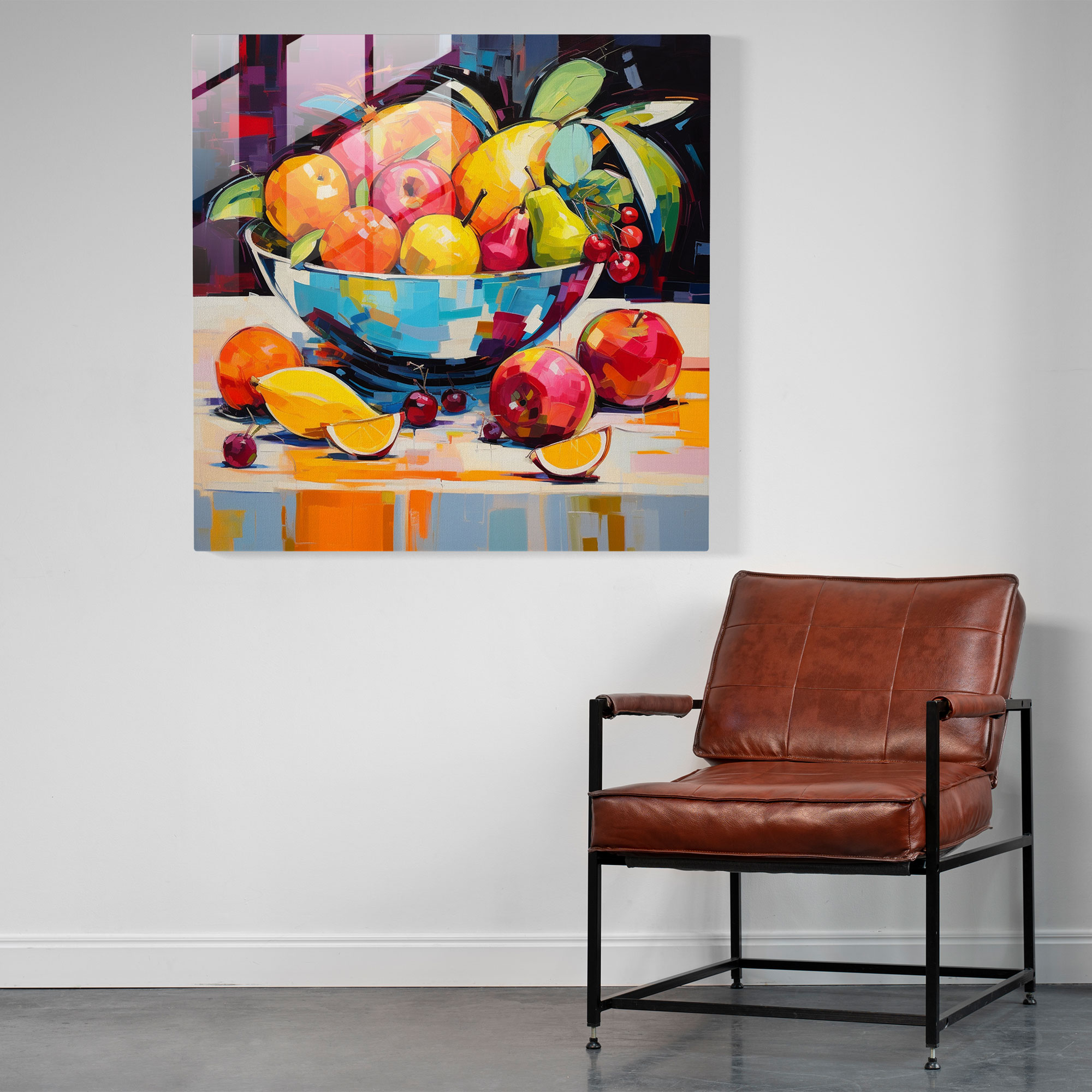Still Life Glass Print - Abstract Fruit Bowl - Still Life, Fruit Bowl, Dynamic Brushstrokes, Glass Print