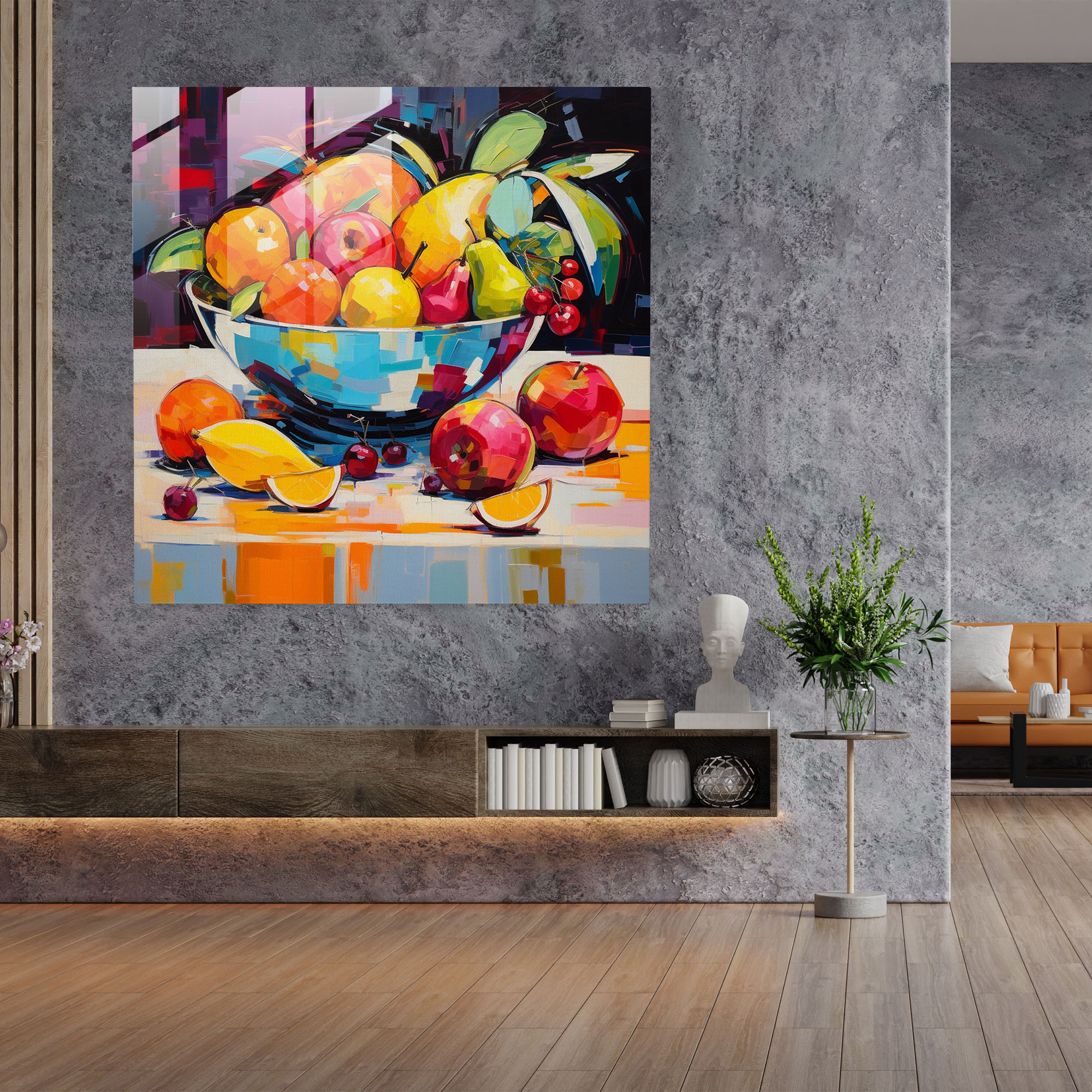 Still Life Glass Print - Abstract Fruit Bowl - Still Life, Fruit Bowl, Dynamic Brushstrokes, Glass Print