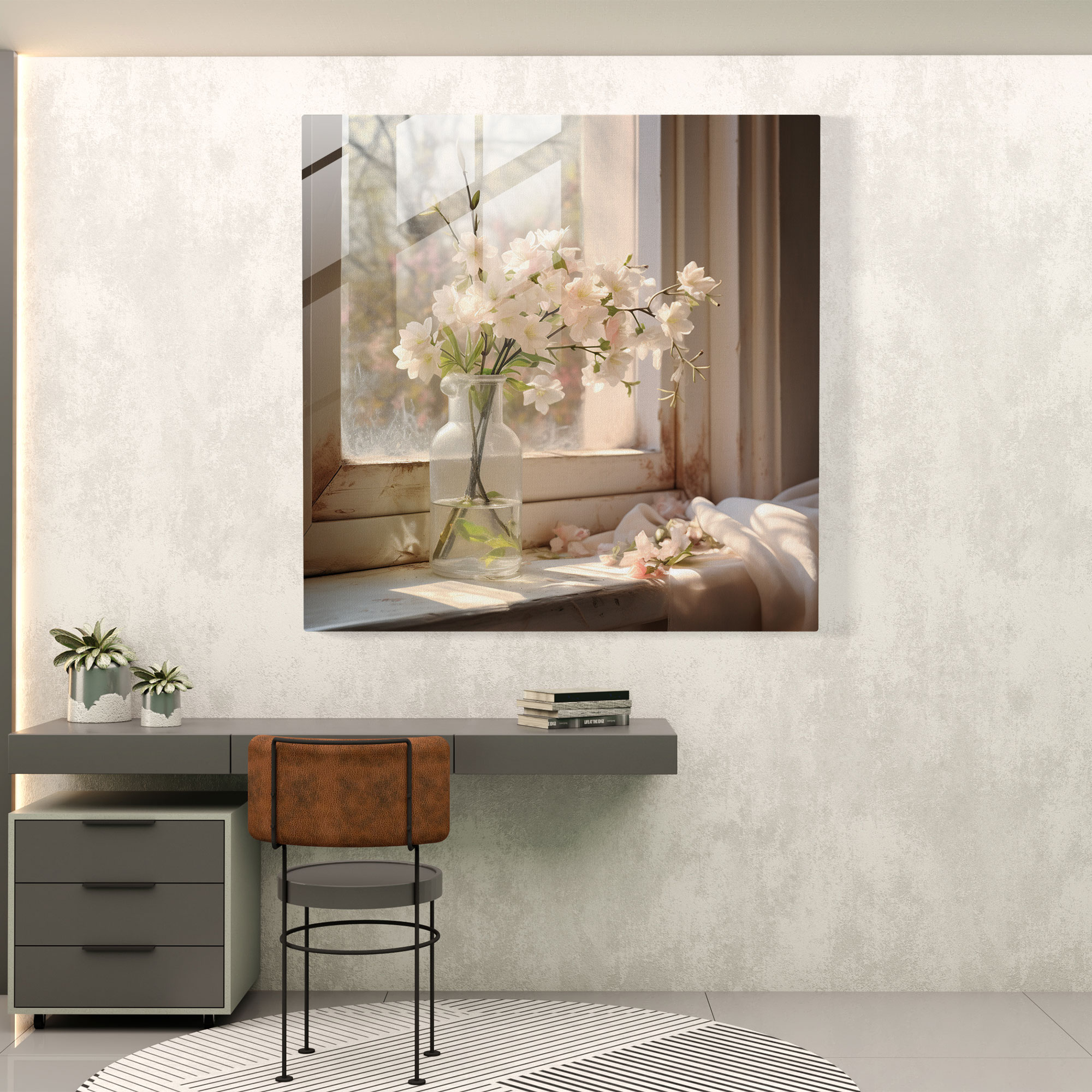 Still Life Glass Print - Serene Floral Vase - Still Life, Home Decoration, Wall Decoration, Glass Art