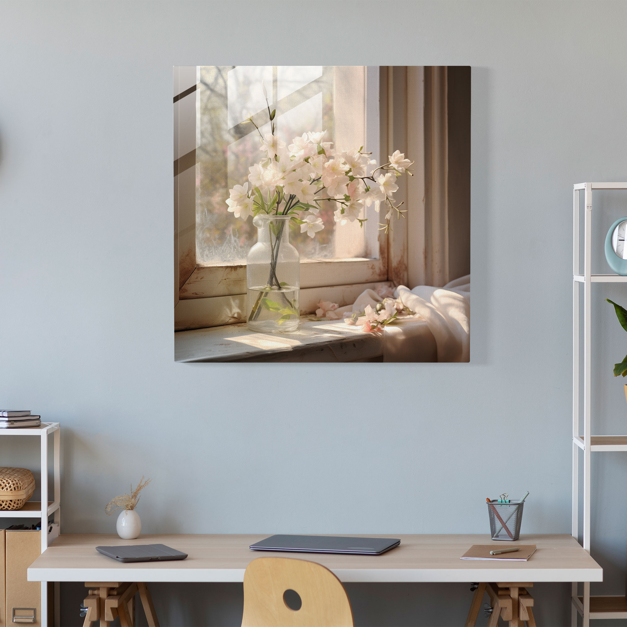 Still Life Glass Print - Serene Floral Vase - Still Life, Home Decoration, Wall Decoration, Glass Art