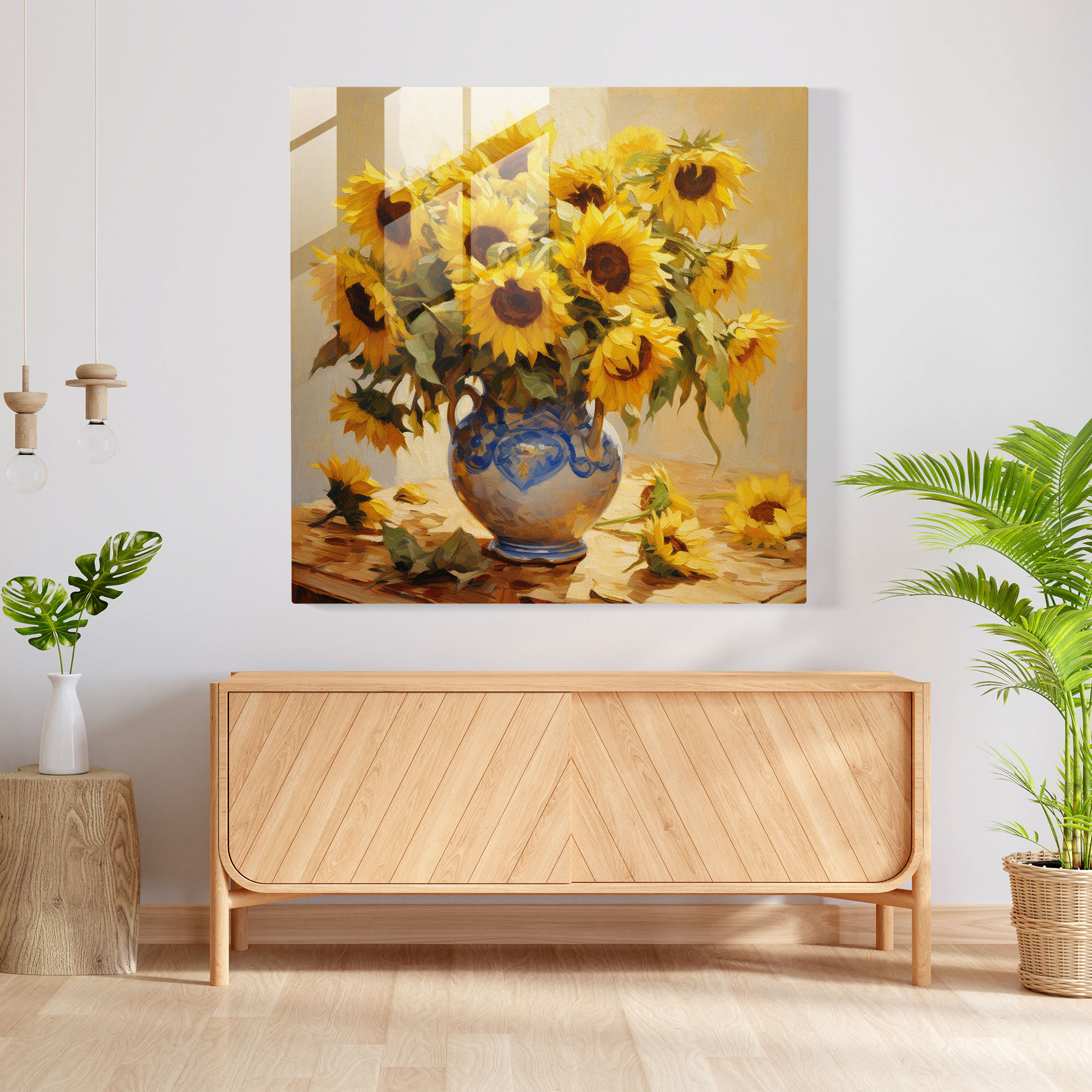 Still Life Glass Print - Radiant Sunflowers - Still Life, Still Life, Sunflowers, Home Decoration