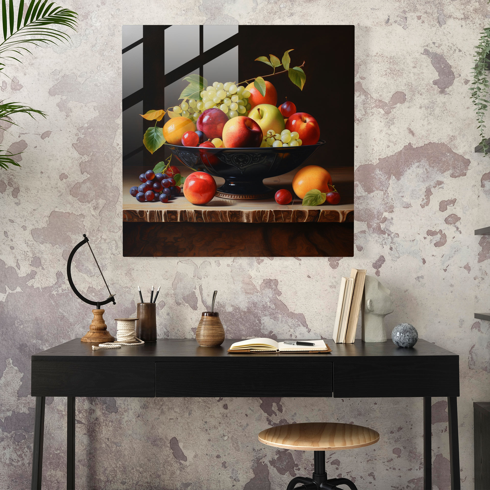 Glasbild 'Stillleben' - Keramik Obstschale - Realistisches Ölgemälde Moderne Kunst