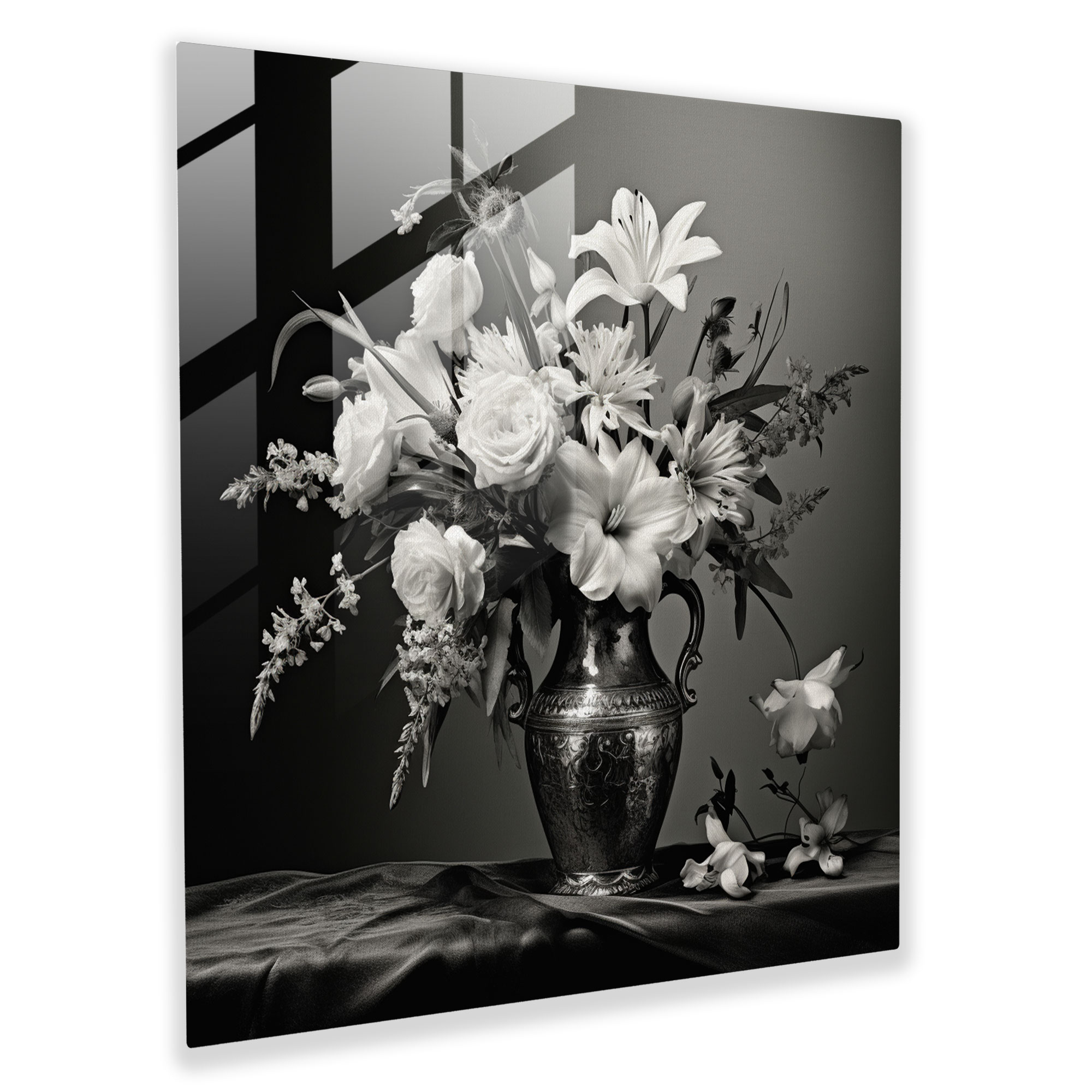 Still Life Glass Print - Vintage Black And White Bouquet - Still Life, Glass Print, Glass Wall Art, Modern Art