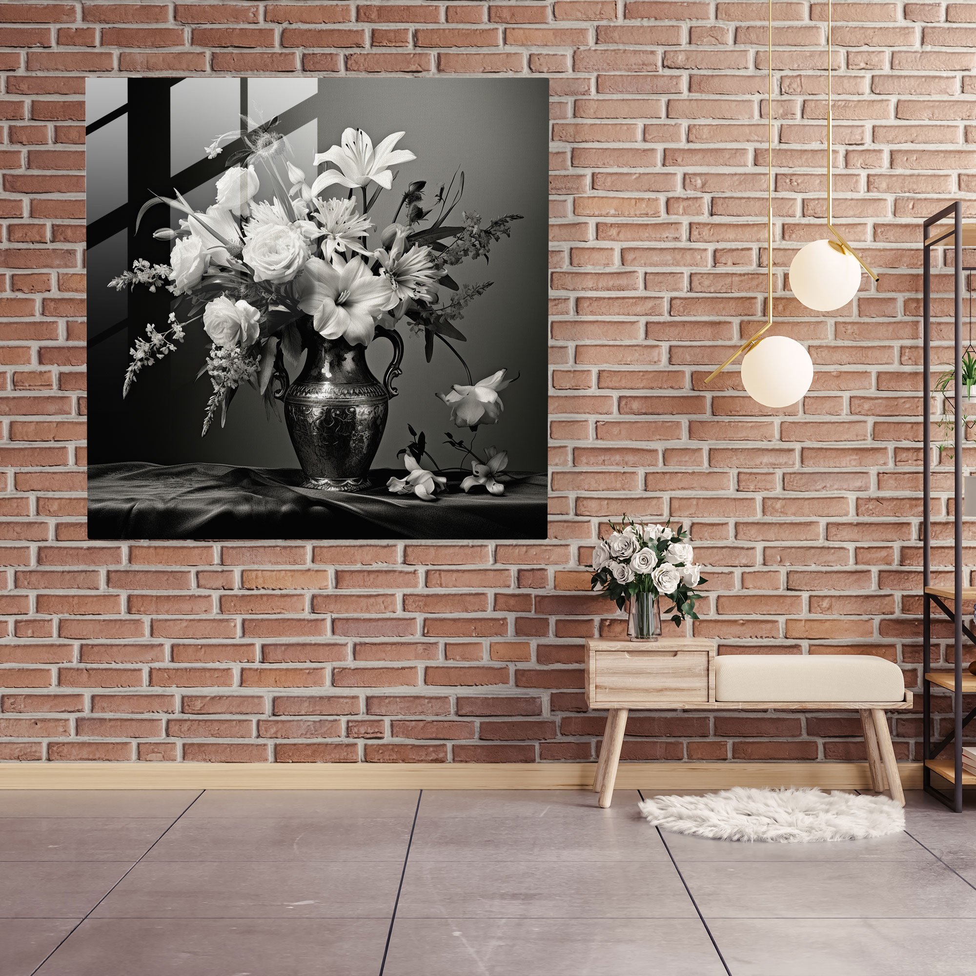 Still Life Glass Print - Vintage Black And White Bouquet - Still Life, Glass Print, Glass Wall Art, Modern Art