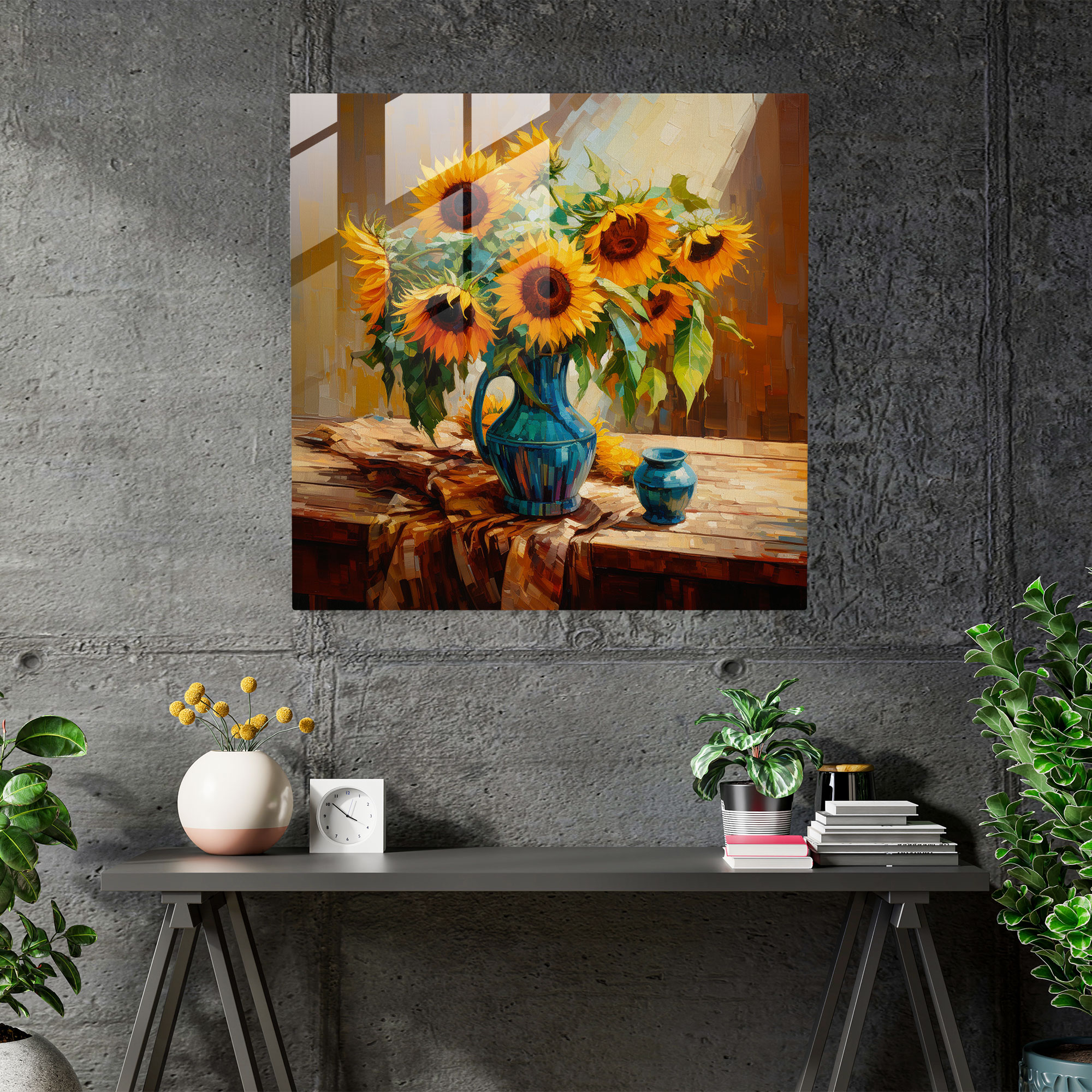 Still Life Glass Print - Impressionist Sunflowers - Still Life, Still Life, Glass Print, Wall Decoration