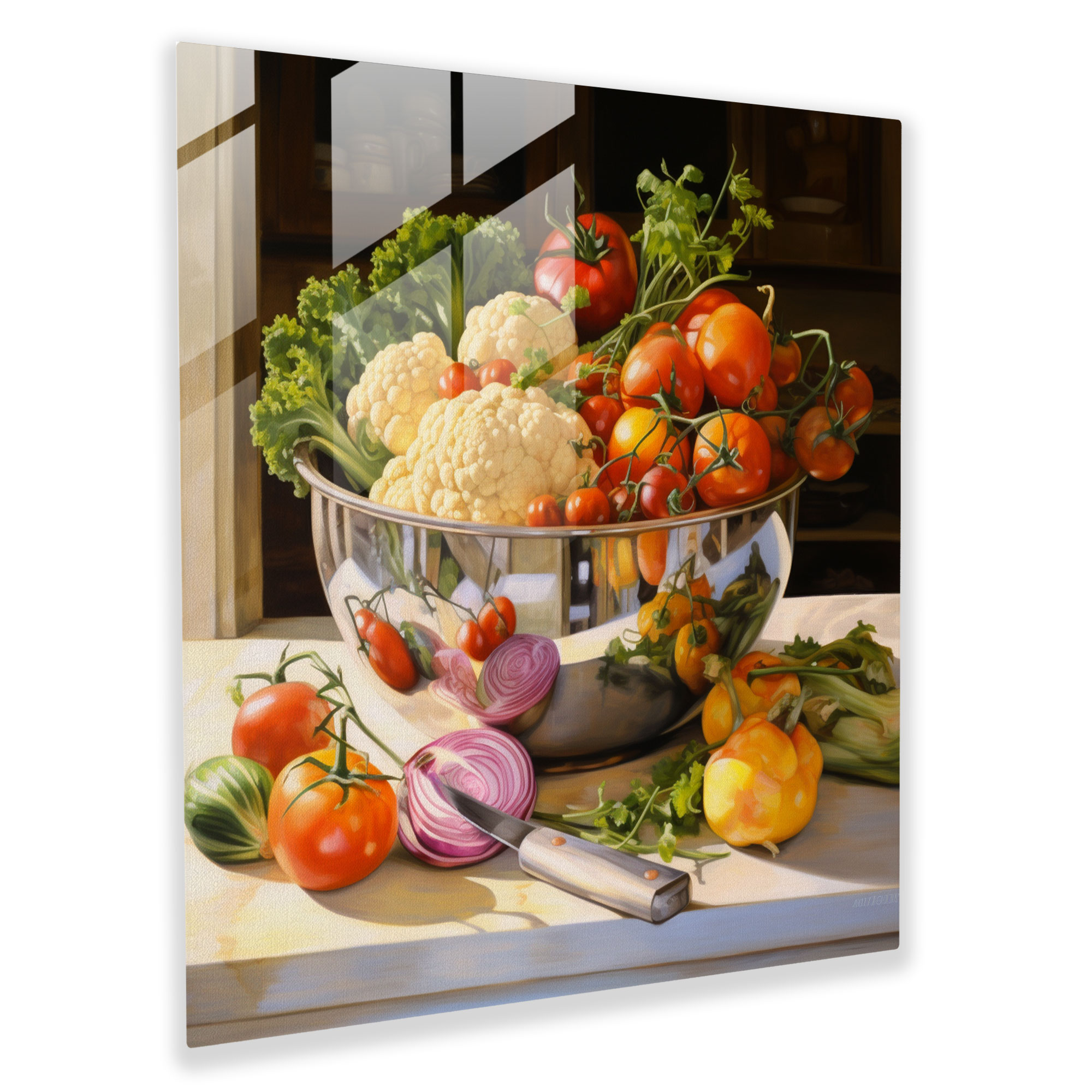 Still Life Glass Print - Realistic Vegetable Bowl - Still Life, Home Decoration, Glass Print, Glass Wall Art