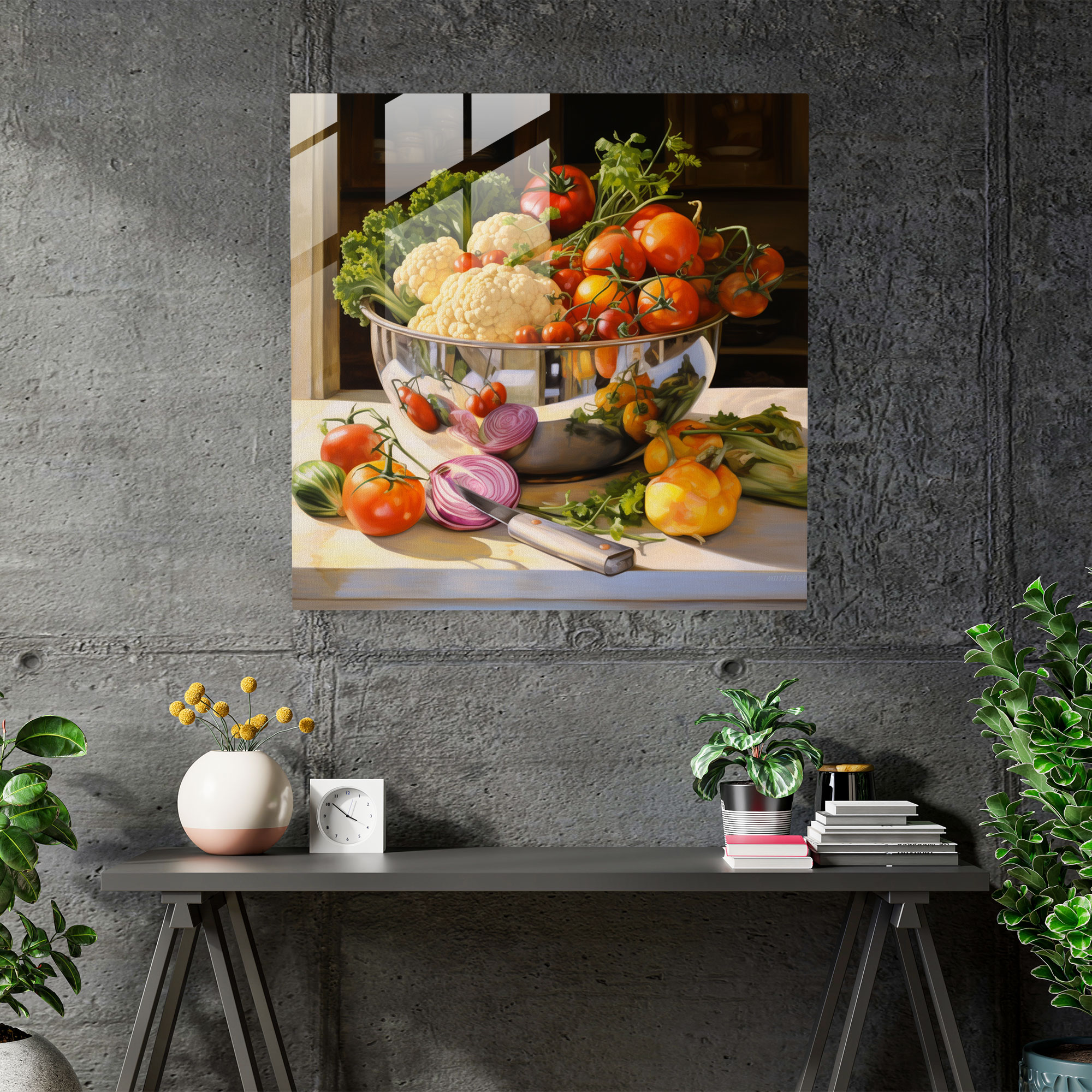 Still Life Glass Print - Realistic Vegetable Bowl - Still Life, Home Decoration, Glass Print, Glass Wall Art
