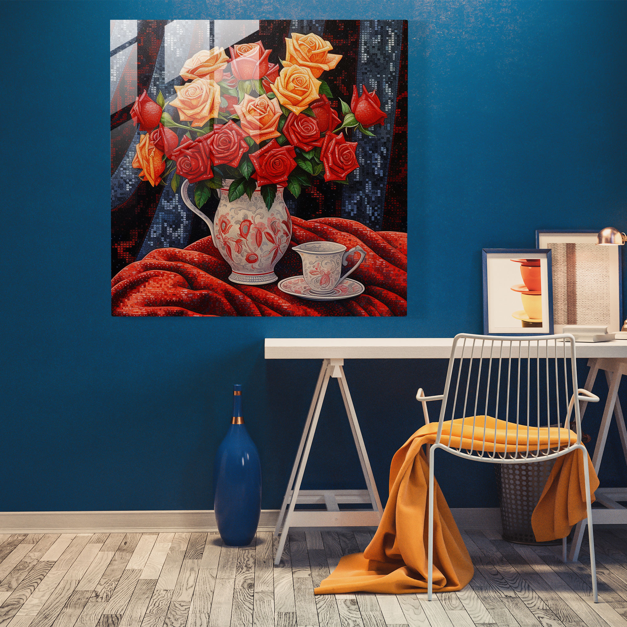 Still Life Glass Print - Pointillism Roses - Still Life, Still Life, Modern Art, Glass Print