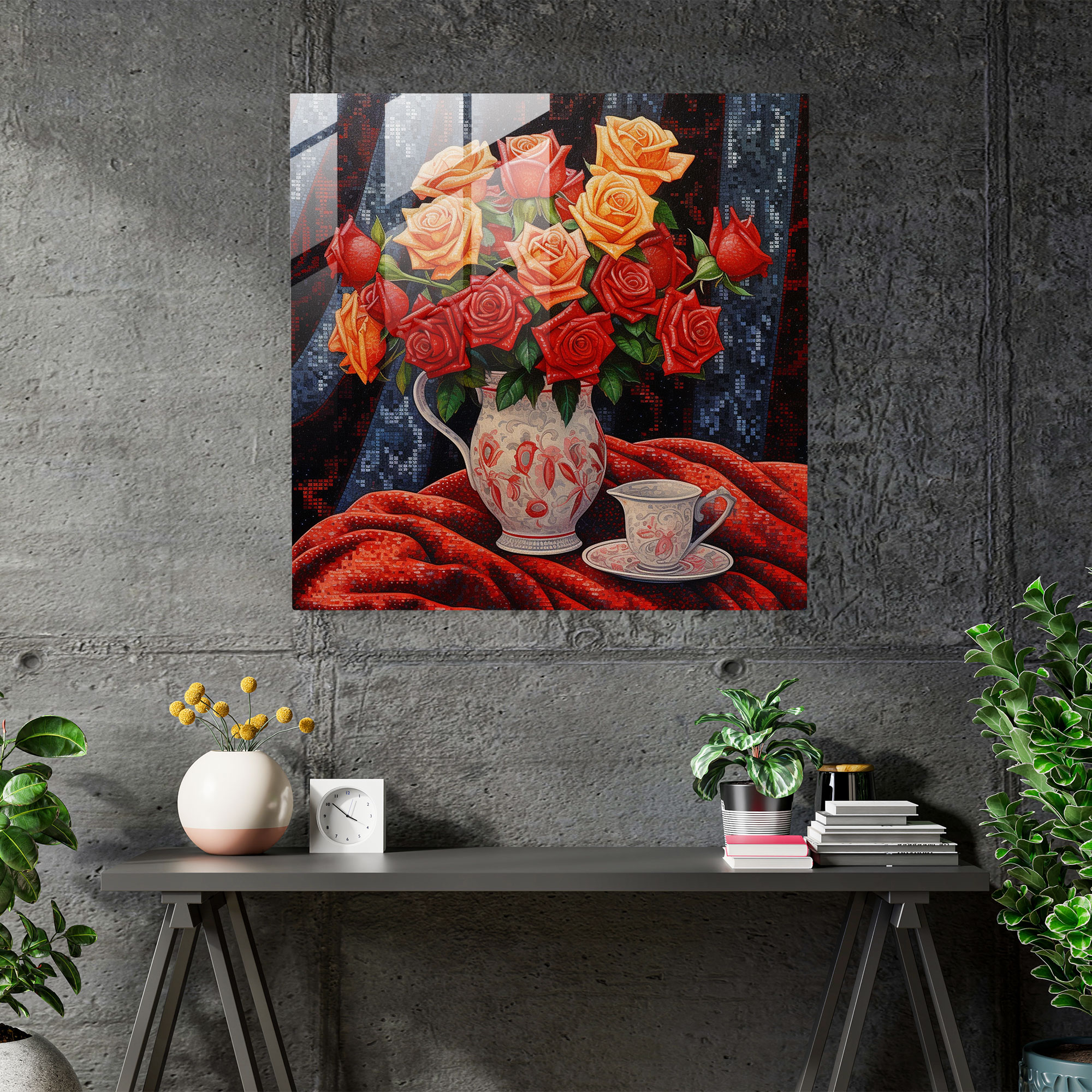 Still Life Glass Print - Pointillism Roses - Still Life, Still Life, Modern Art, Glass Print