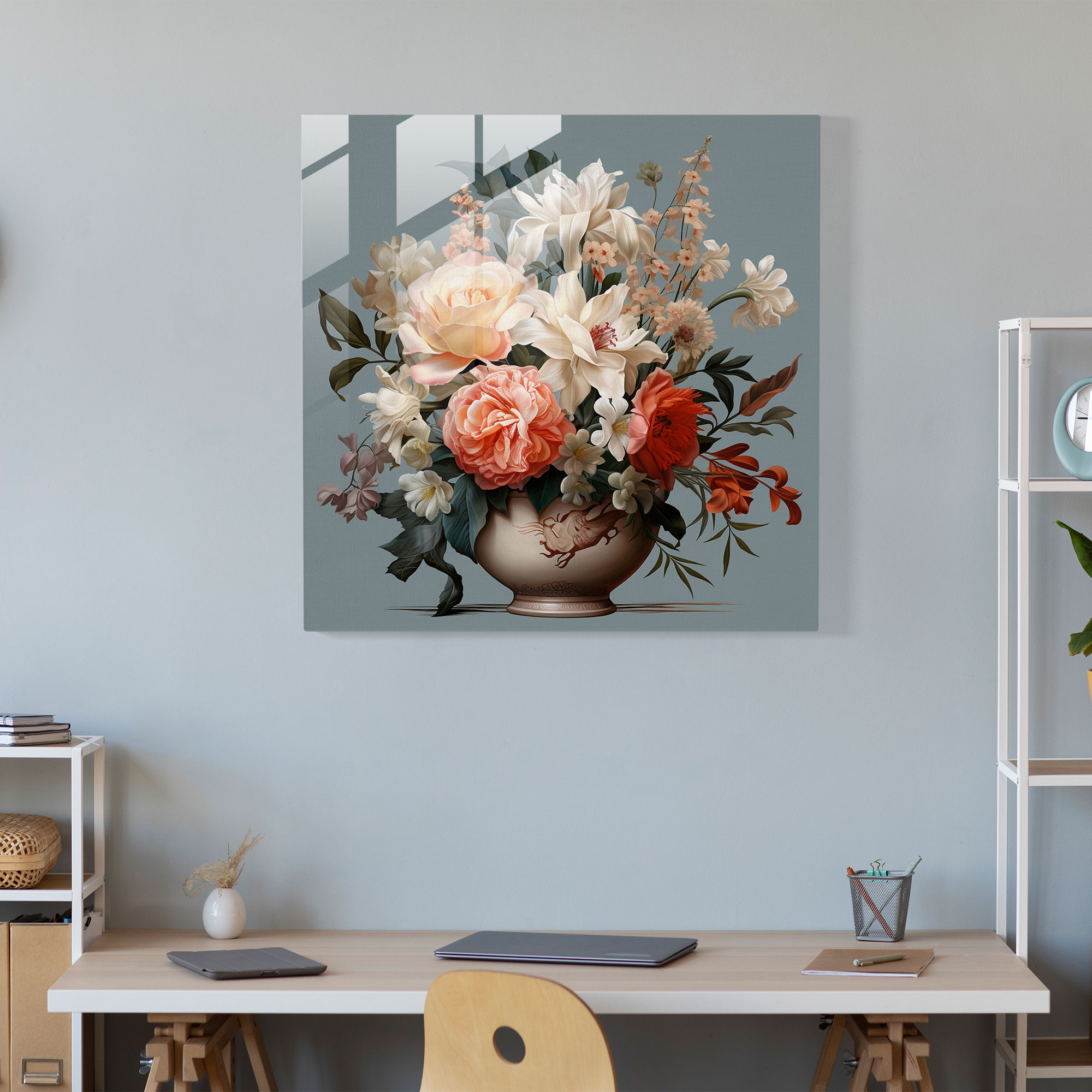 Still Life Glass Print: Serene Bouquet - Still Life, Glass Print, Modern Art, Elegance