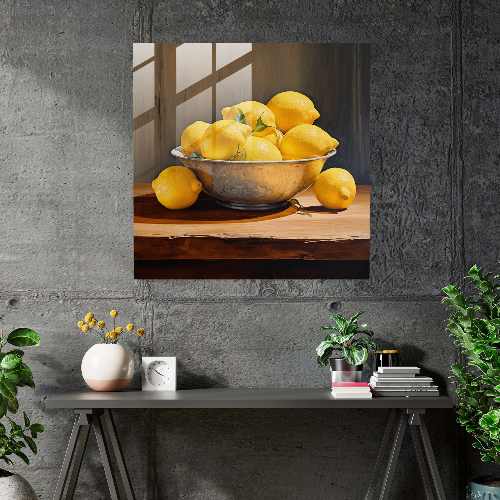 Rustik Limonlar Cam Tablo Baskı: Natürmort Rustik Ahşap Masa Cam Sanat Limon Kasesi