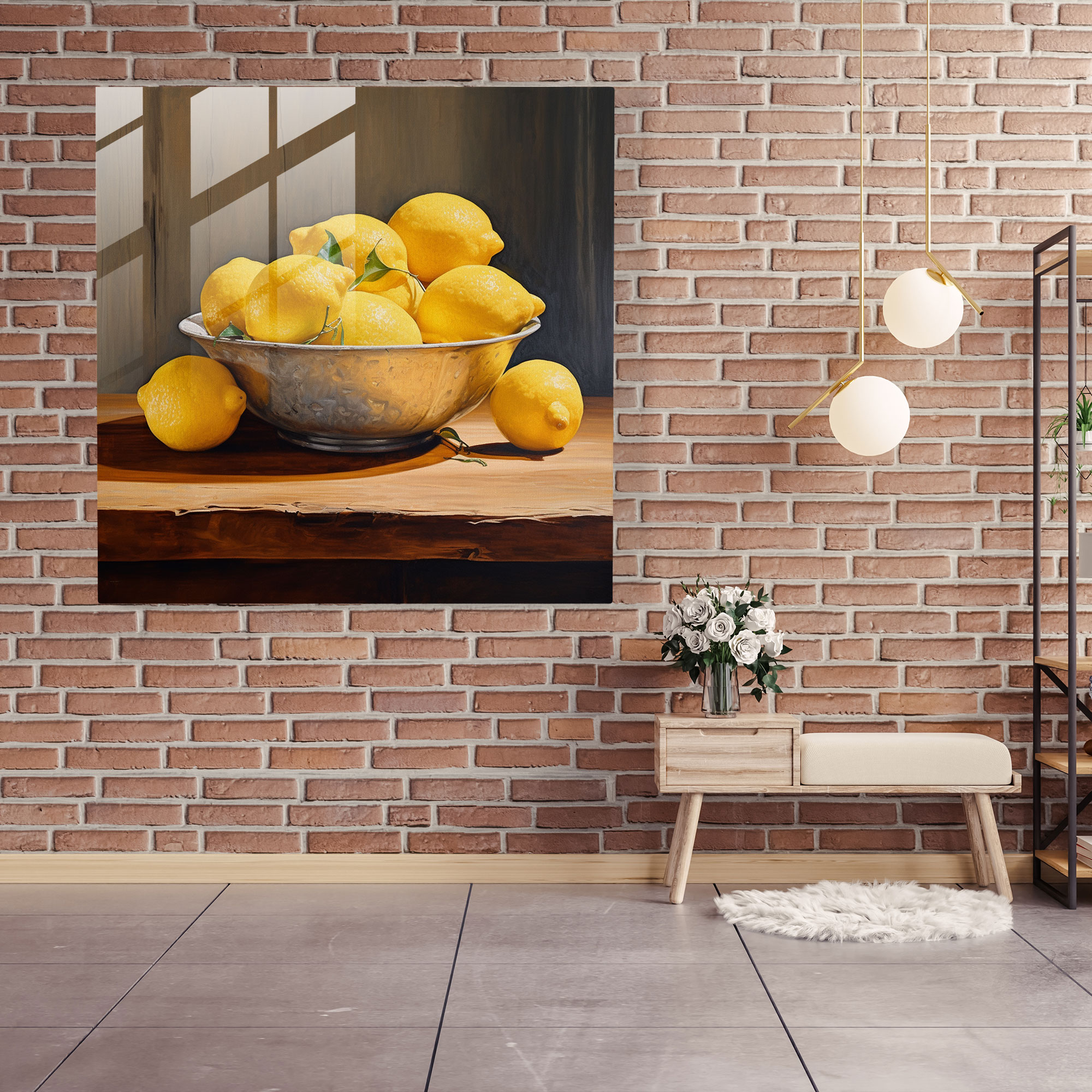 Rustik Limonlar Cam Tablo Baskı: Natürmort Rustik Ahşap Masa Cam Sanat Limon Kasesi