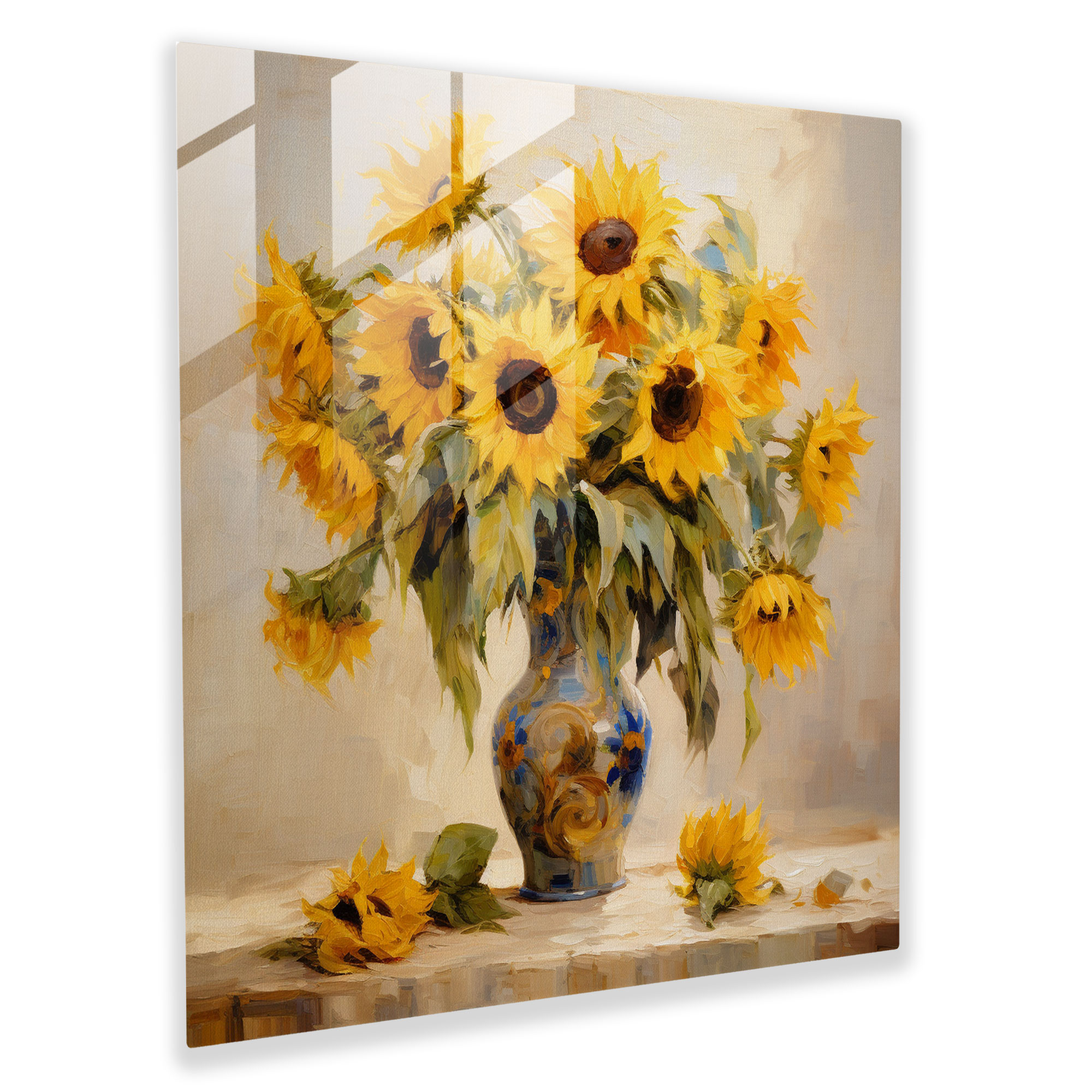 Still Life Glass Print: Sunflower Bouquet - Still Life, Home Decoration, Glass Art, Wall Decoration