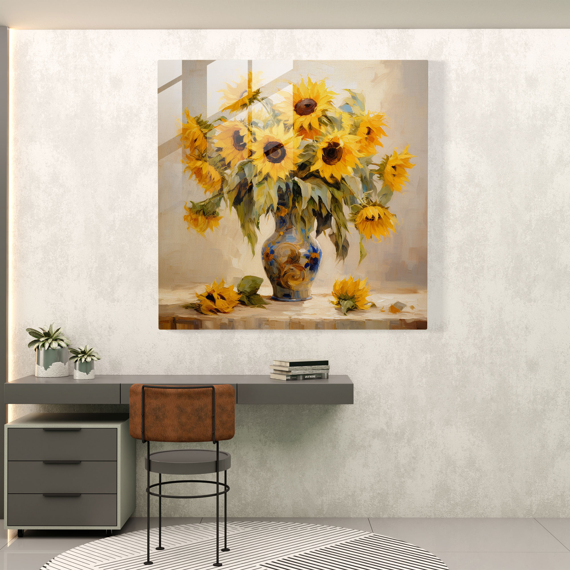 Still Life Glass Print: Sunflower Bouquet - Still Life, Home Decoration, Glass Art, Wall Decoration