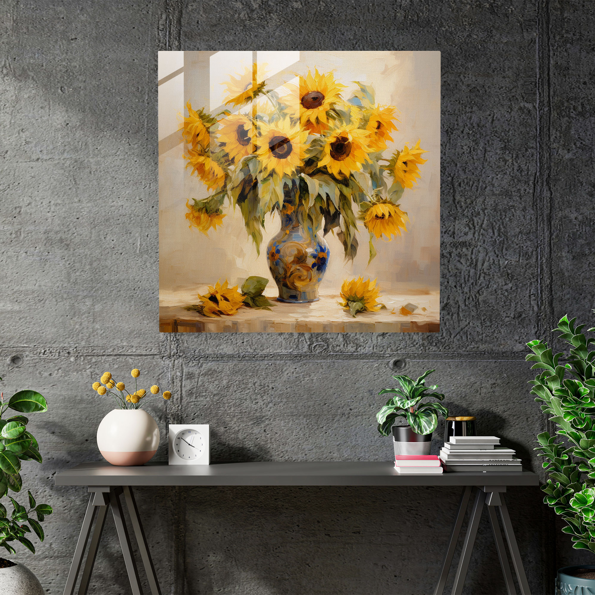 Still Life Glass Print: Sunflower Bouquet - Still Life, Home Decoration, Glass Art, Wall Decoration