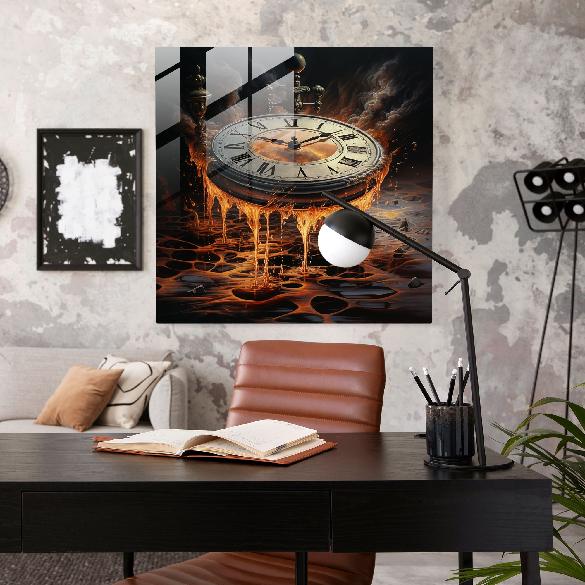 Still Life Glass Print: Melting Time - Still Life, Glass Wall Art, Still Life, Melting Clock