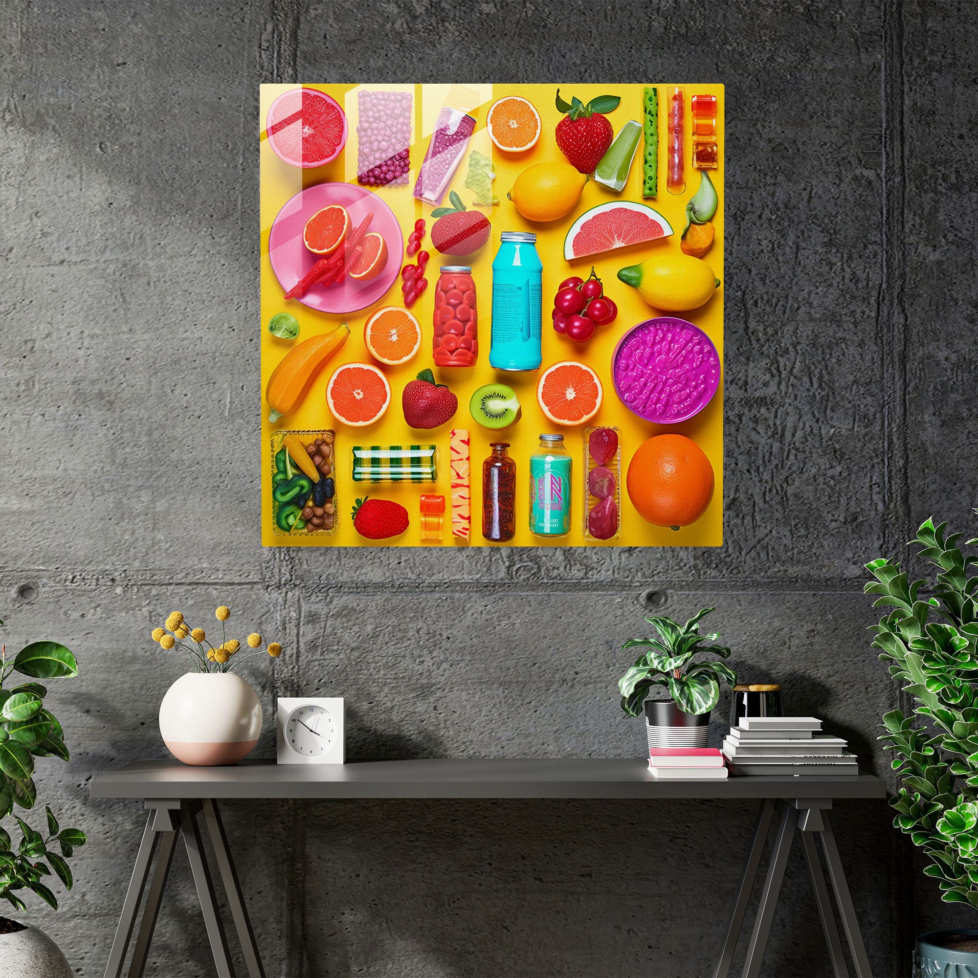 Still Life Glass Print: Food Fusion - Still Life, Pop Art Collage, Still Life, Glass Print