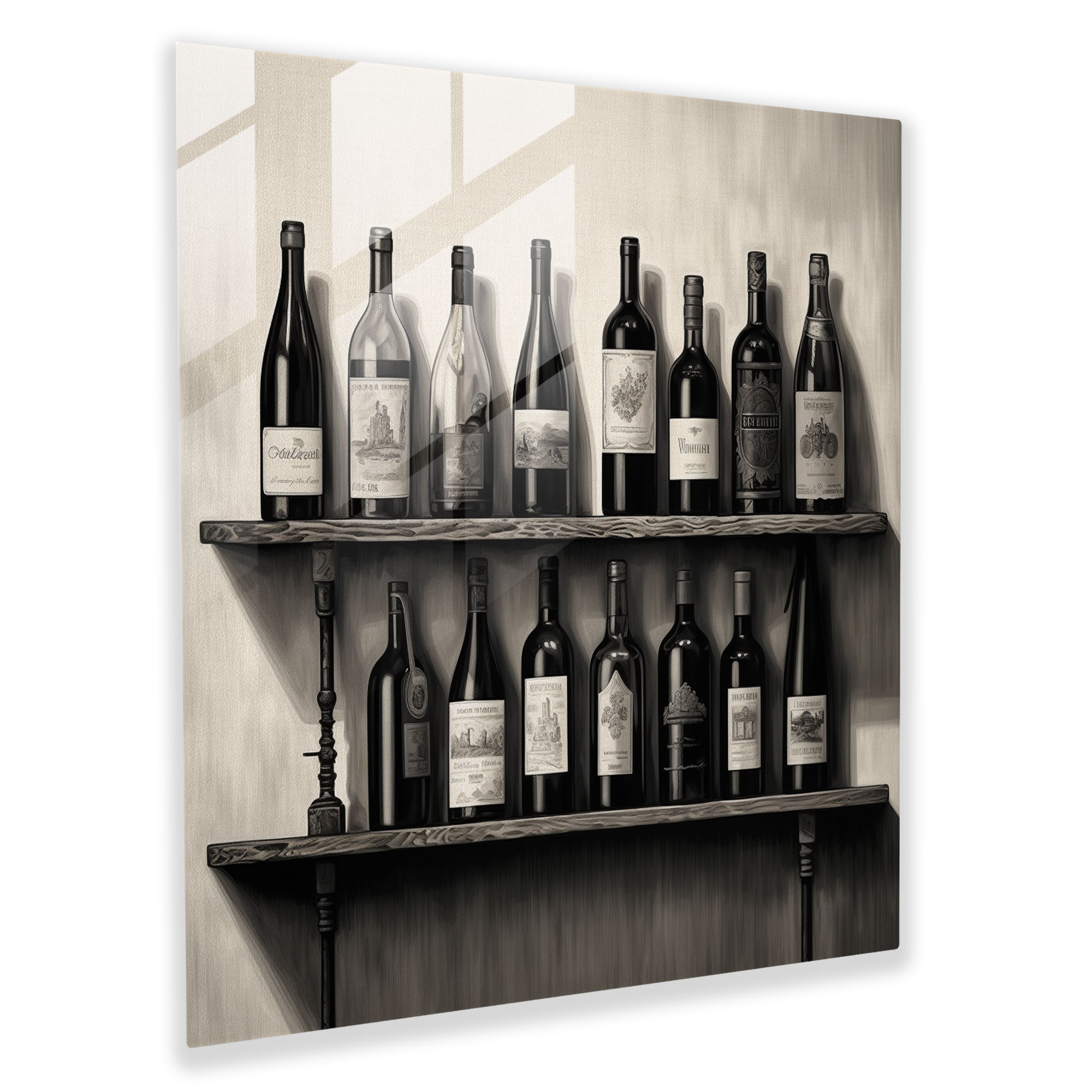 Still Life Glass Print: Wine Cellar - Still Life, Wooden Shelf, Wall Decoration, Glass Print