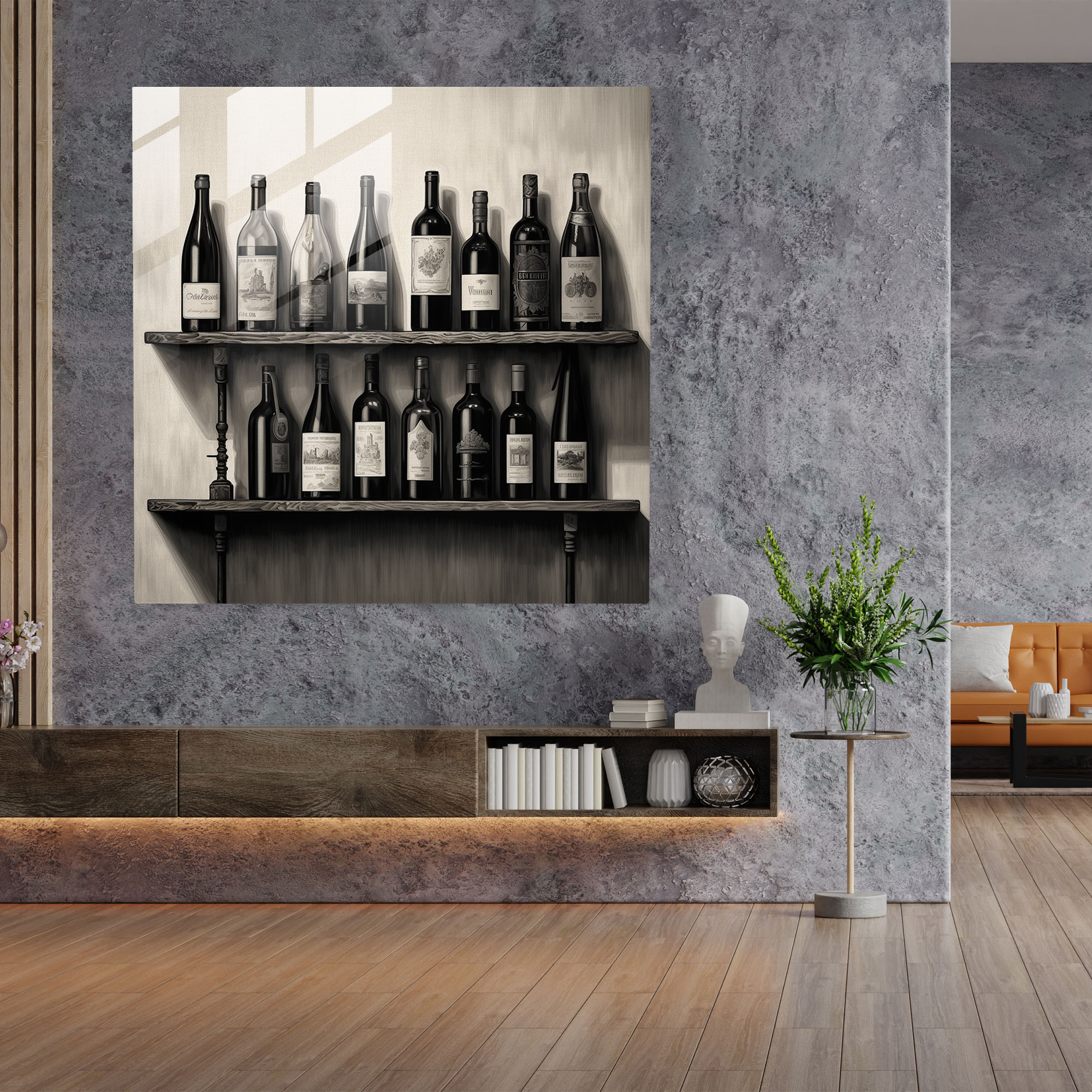 Still Life Glass Print: Wine Cellar - Still Life, Wooden Shelf, Wall Decoration, Glass Print