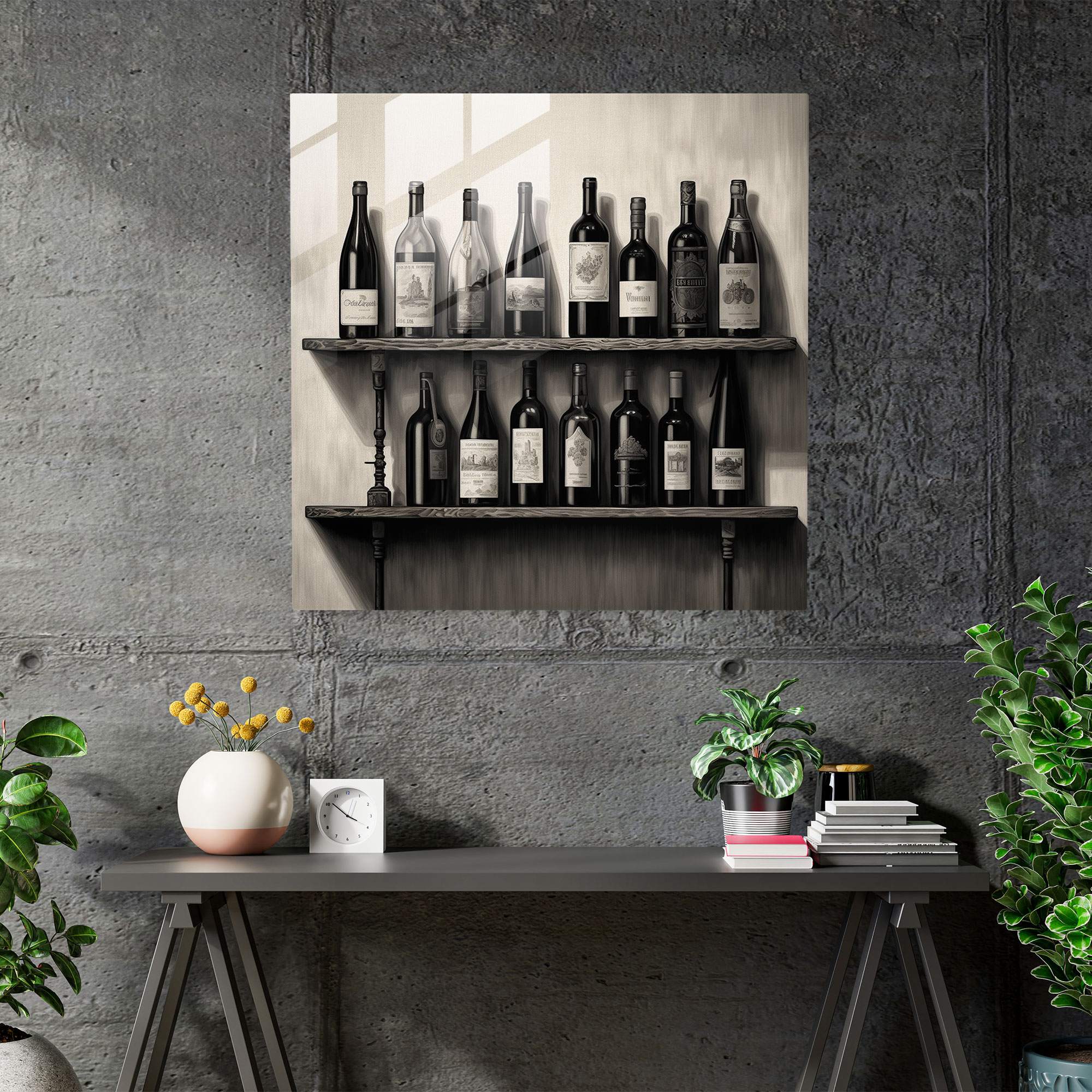 Still Life Glass Print: Wine Cellar - Still Life, Wooden Shelf, Wall Decoration, Glass Print