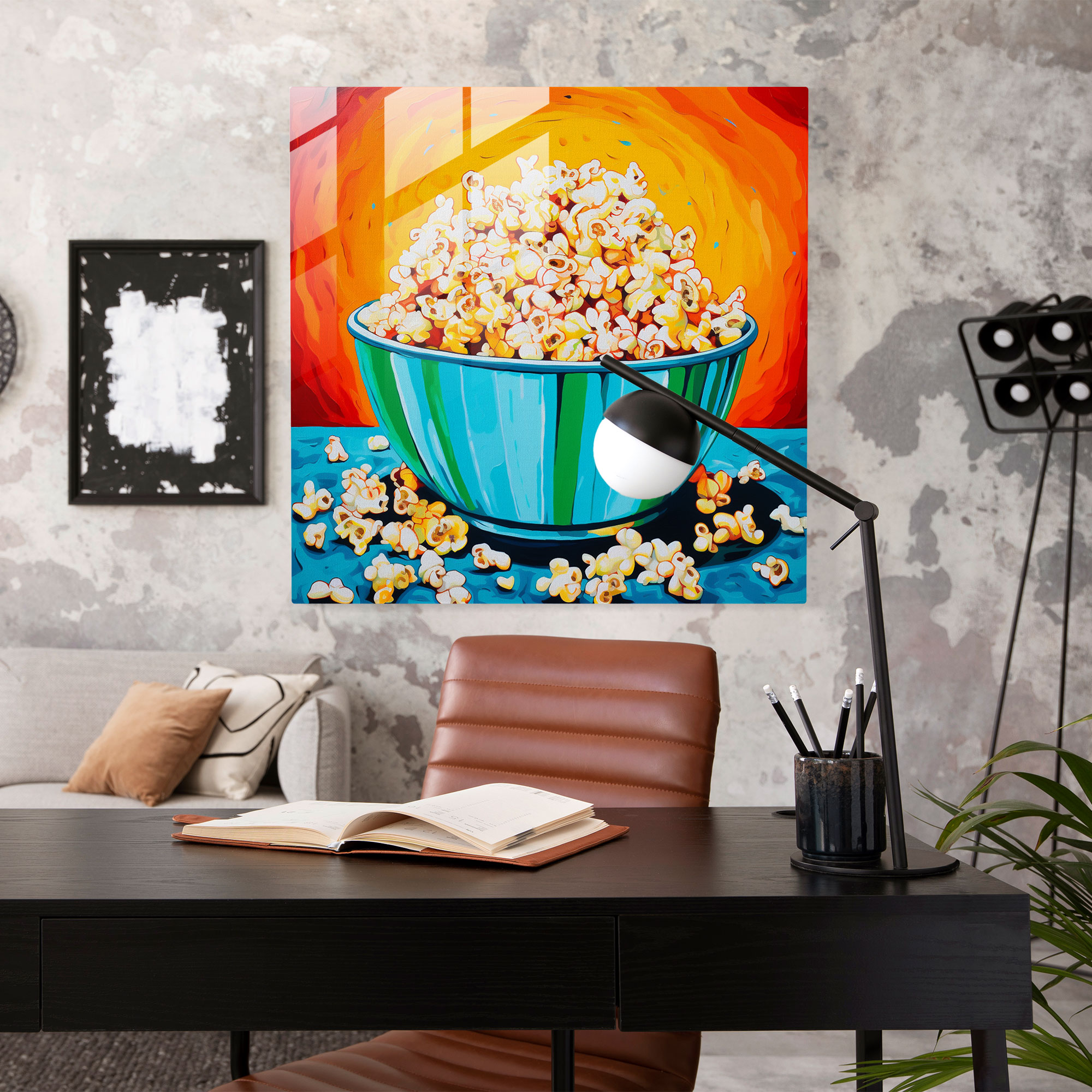 Still Life Glass Print: Popcorn Party - Still Life, Wall Decoration, Glass Art, Bold Colors