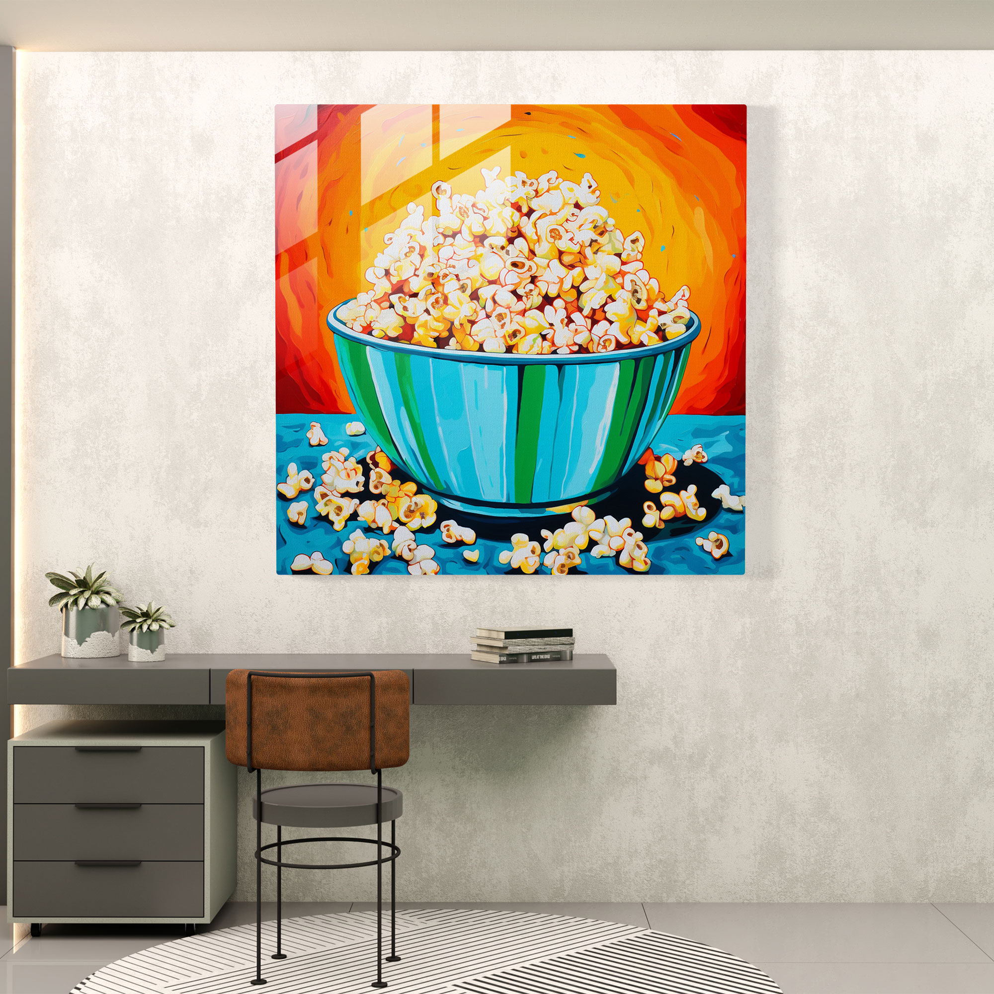 Still Life Glass Print: Popcorn Party - Still Life, Wall Decoration, Glass Art, Bold Colors