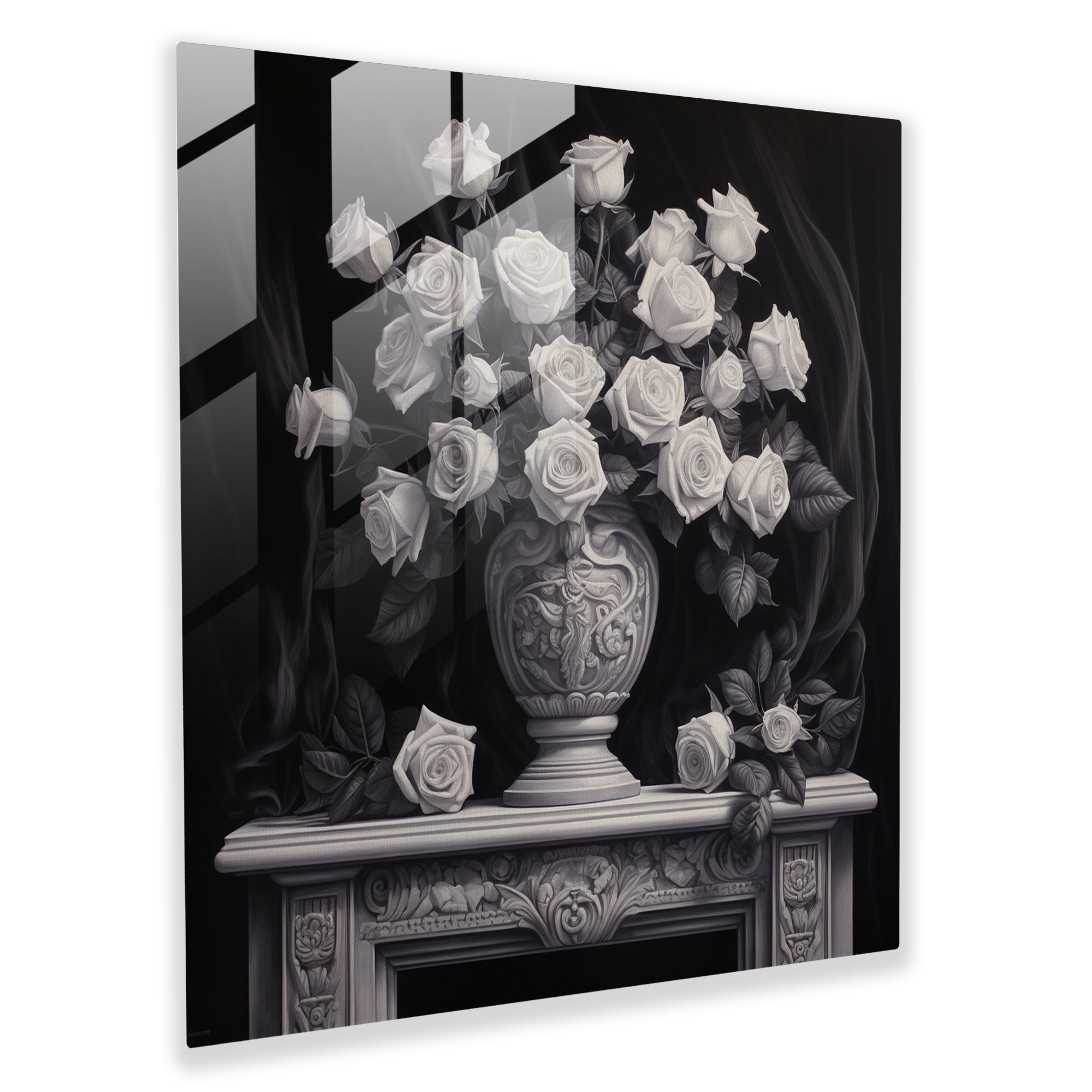 Still Life Glass Print: Elegant Roses - Still Life, Realistic Charcoal Drawing, Glass Art, Home Decoration