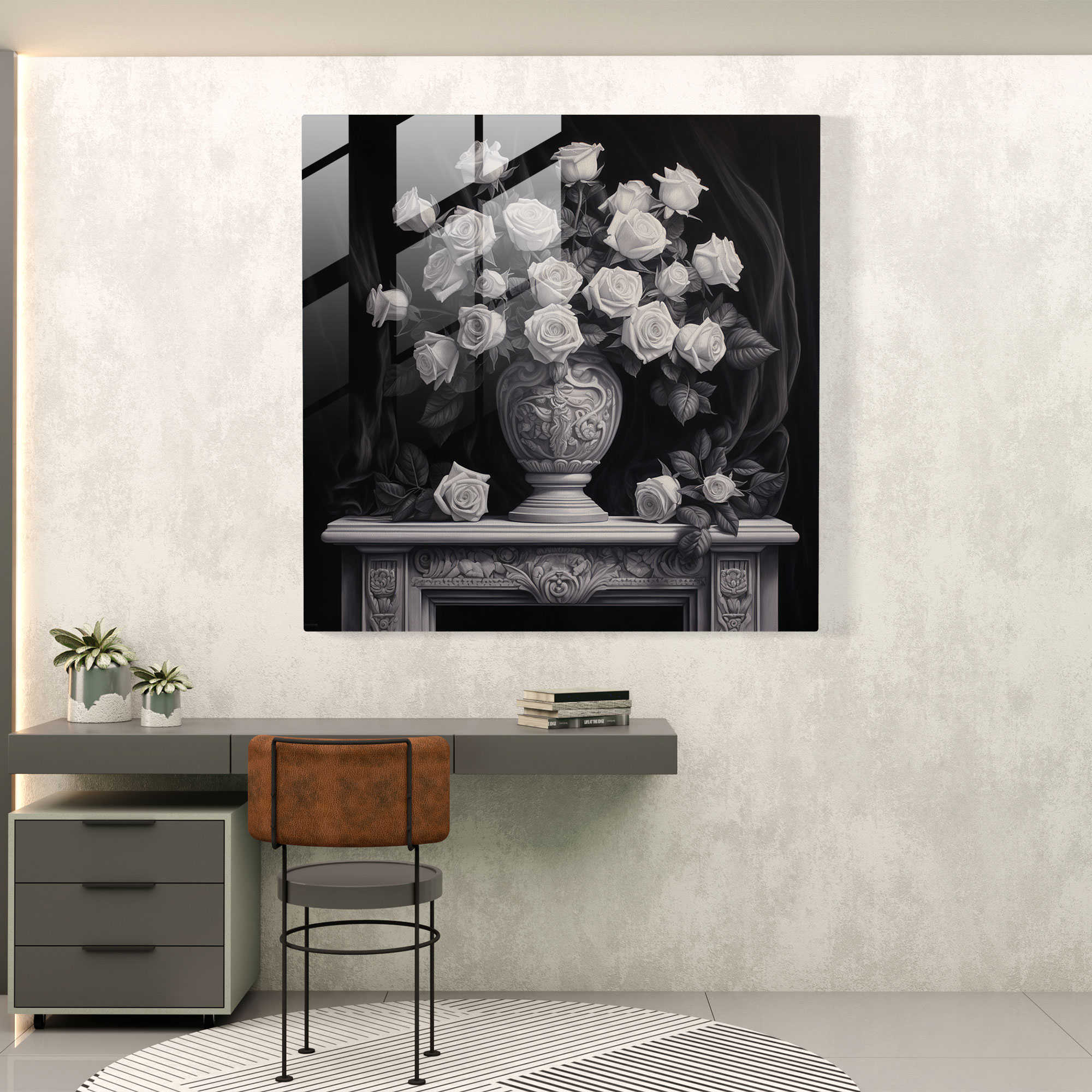 Still Life Glass Print: Elegant Roses - Still Life, Realistic Charcoal Drawing, Glass Art, Home Decoration