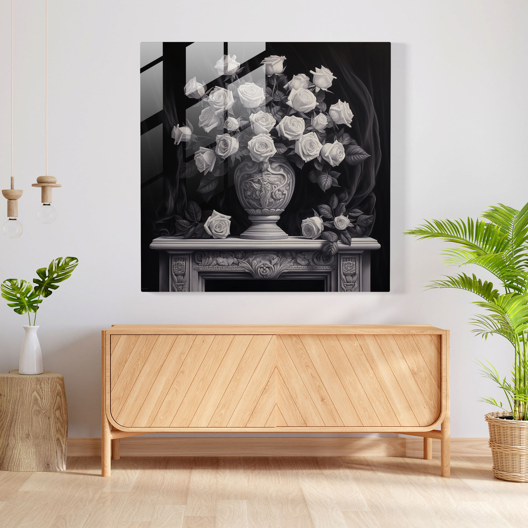 Still Life Glass Print: Elegant Roses - Still Life, Realistic Charcoal Drawing, Glass Art, Home Decoration