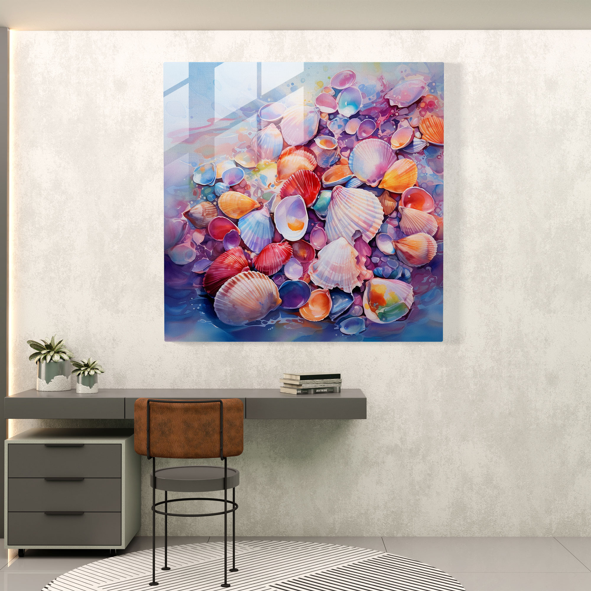 Still Life Glass Print: Coastal Seashells - Still Life, Coastal Atmosphere, Seashore, Vibrant Colors