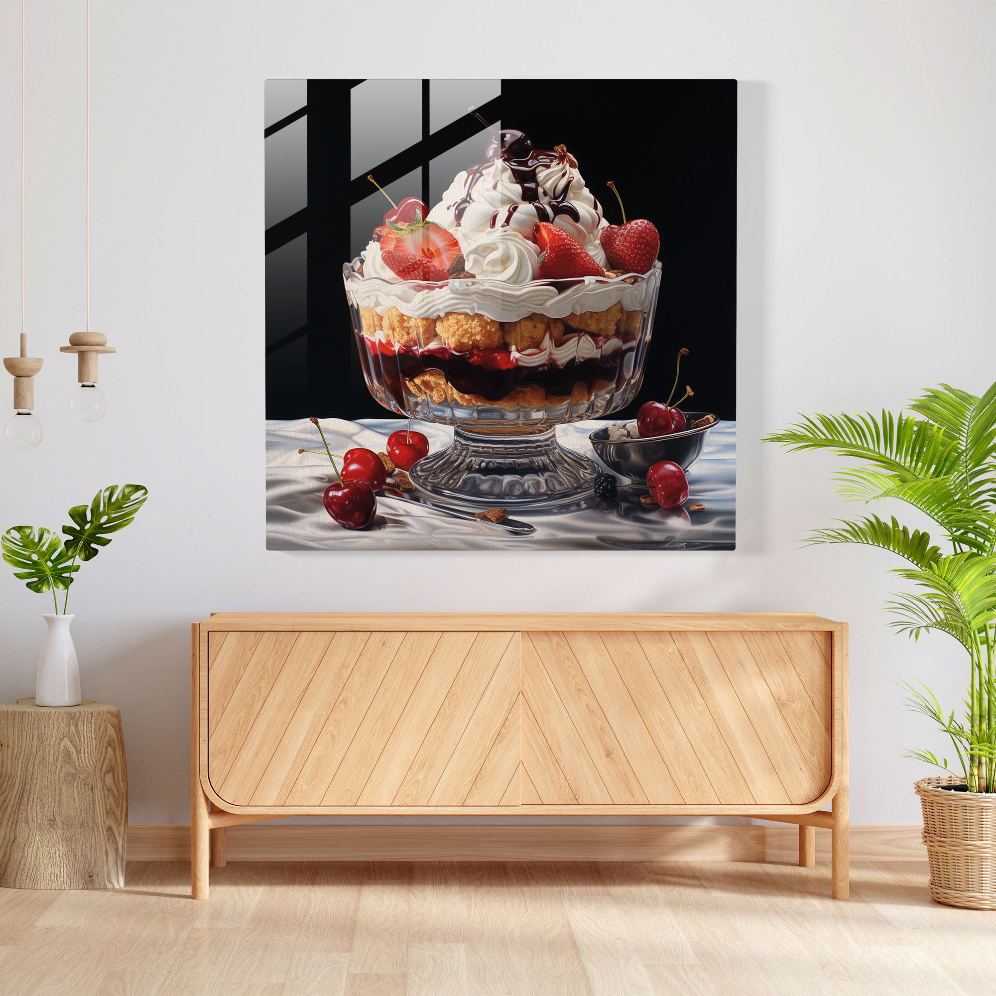 Still Life Glass Print: Tempting Indulgence - Still Life, Hyperrealistic Drawing, Bowl Of Desserts, Glass Print