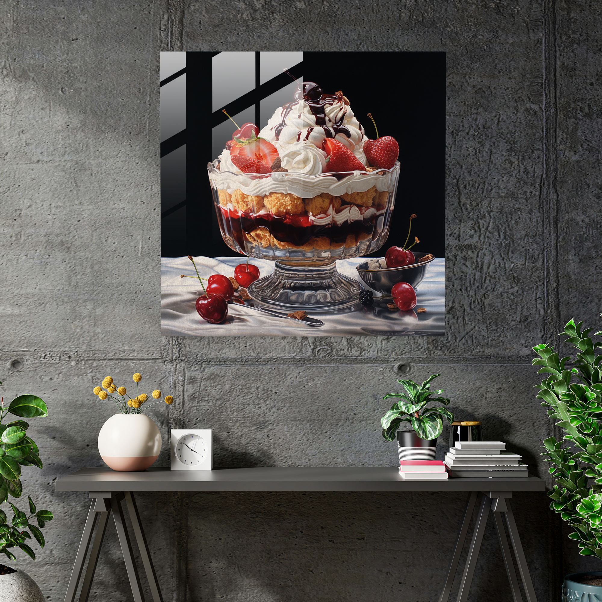 Still Life Glass Print: Tempting Indulgence - Still Life, Hyperrealistic Drawing, Bowl Of Desserts, Glass Print