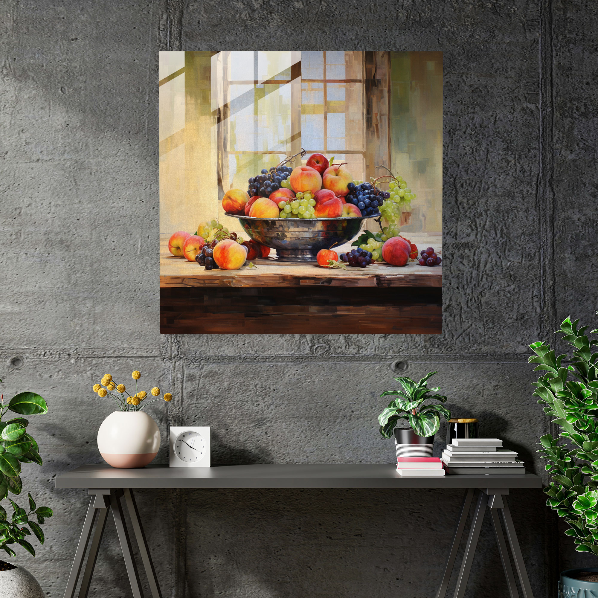 Still Life Glass Print - Fruits On Wooden Table - Still Life, Glass Art, Modern Art, Home Decoration