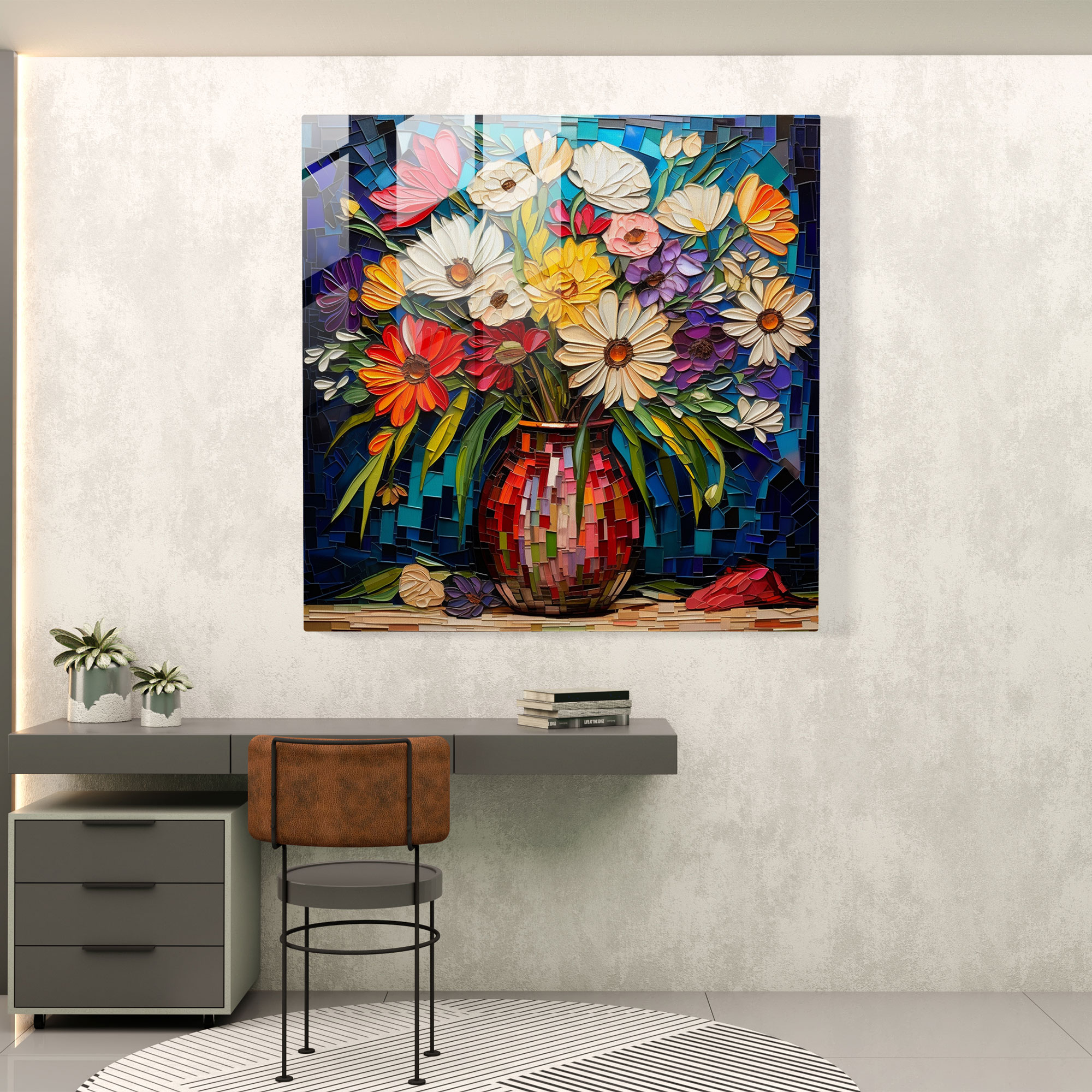 Still Life Glass Print - Mosaic Flowers In Vase - Still Life, Vibrant Mosaic Artwork, Energy, Home Decoration