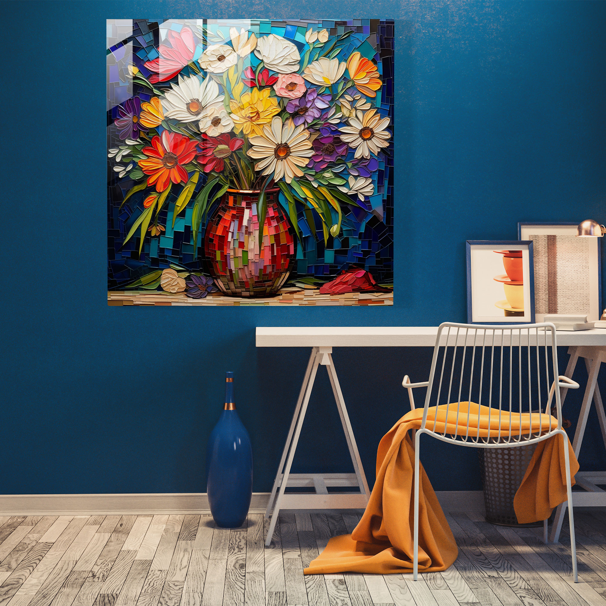 Still Life Glass Print - Mosaic Flowers In Vase - Still Life, Vibrant Mosaic Artwork, Energy, Home Decoration
