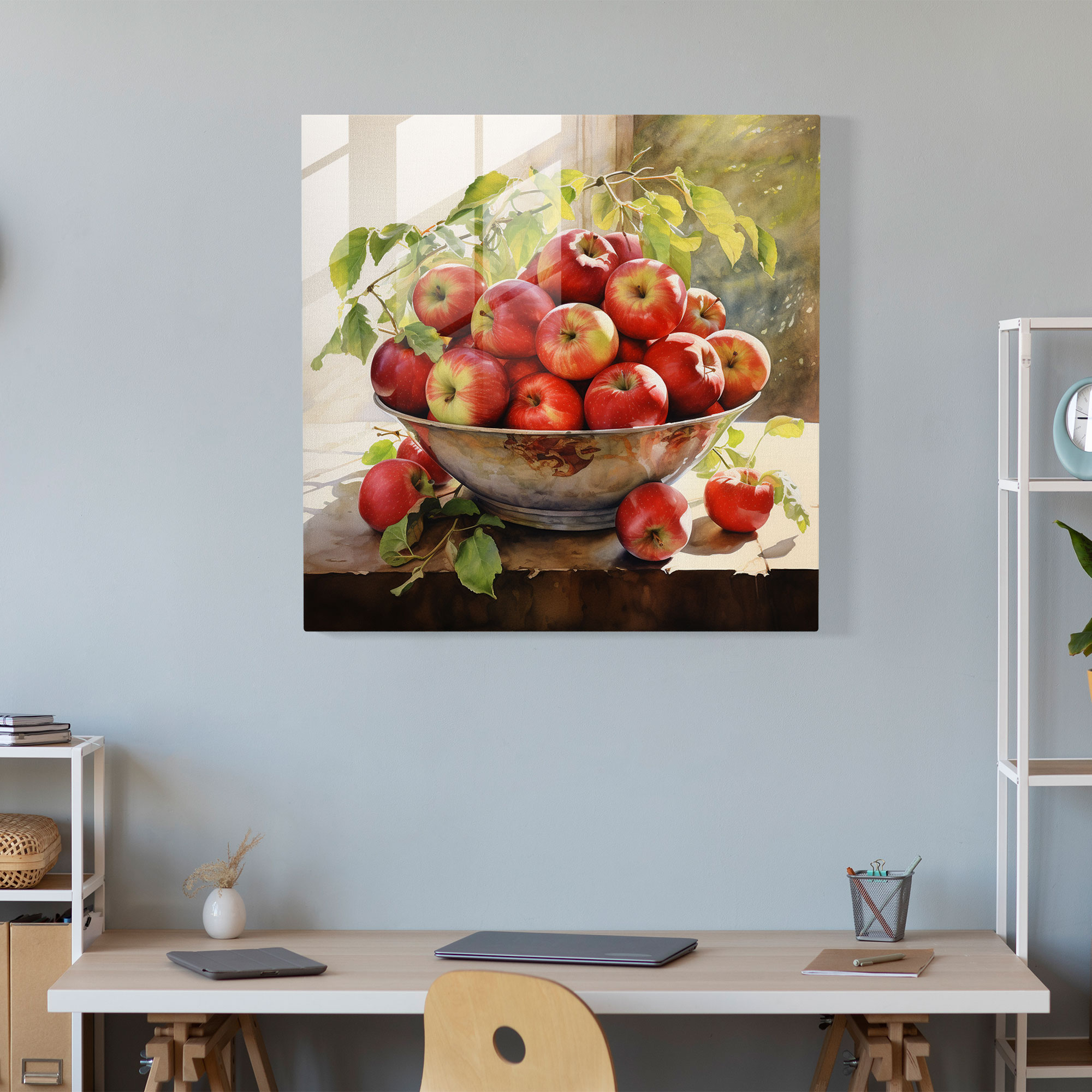 Still Life Glass Print - Fresh Apples In Bowl - Still Life, Modern Art, Glass Art, Freshness
