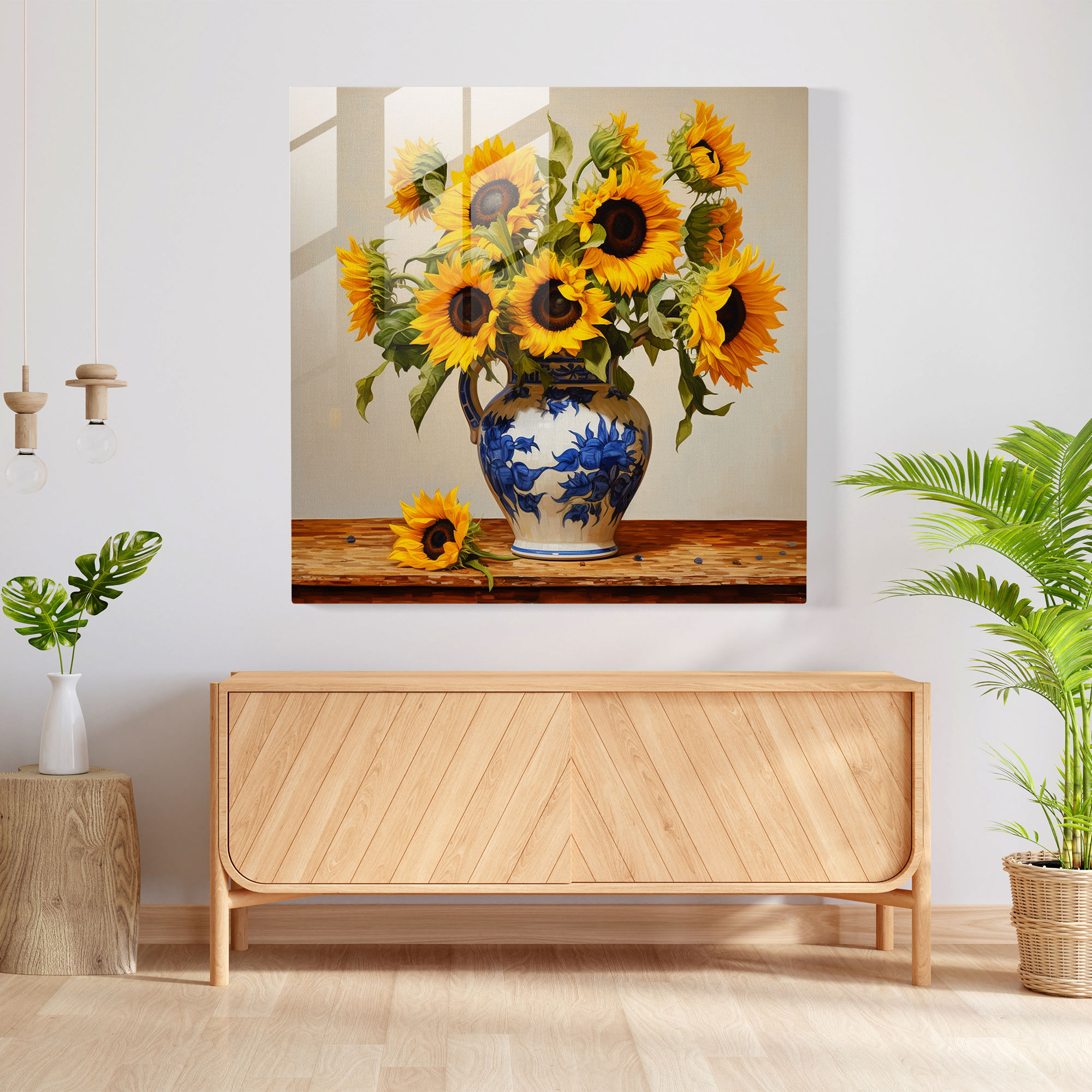 Still Life Glass Print - Sunflowers In Vase - Still Life, Home Decoration, Joy, Glass Wall Art