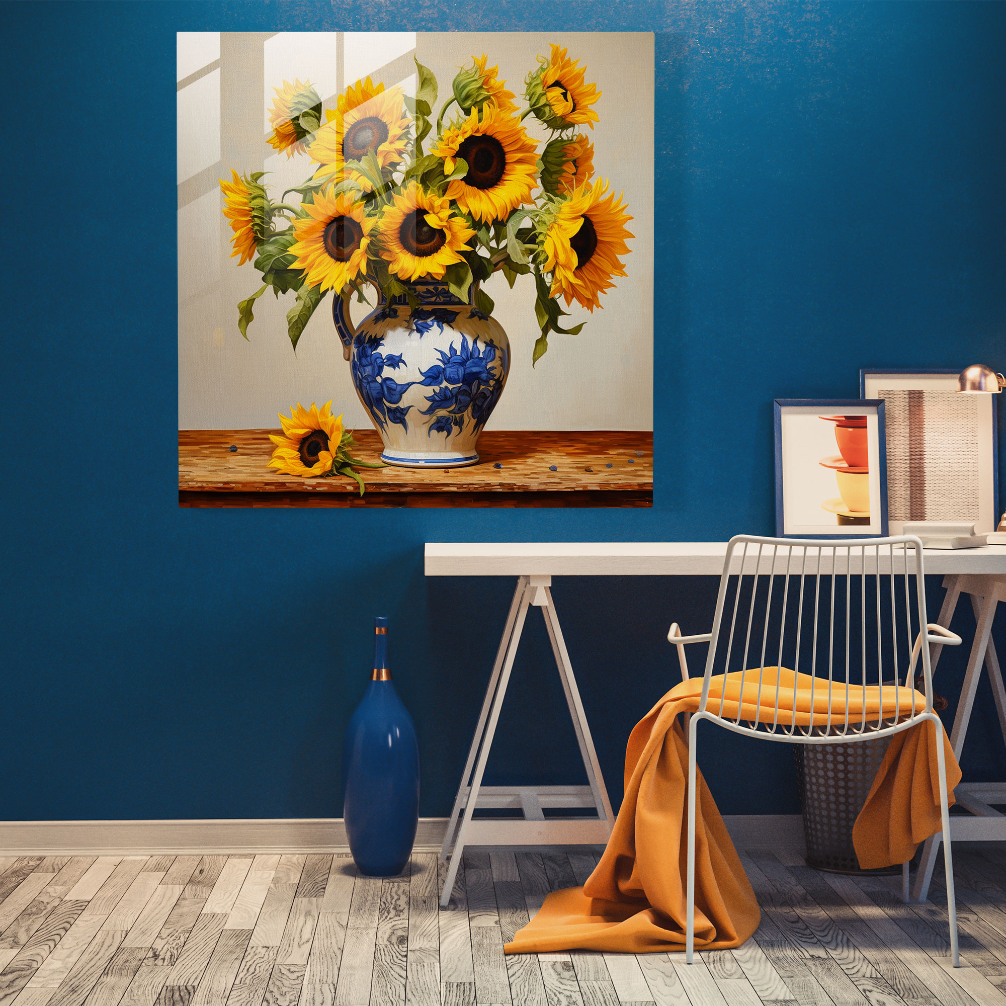 Still Life Glass Print - Sunflowers In Vase - Still Life, Home Decoration, Joy, Glass Wall Art