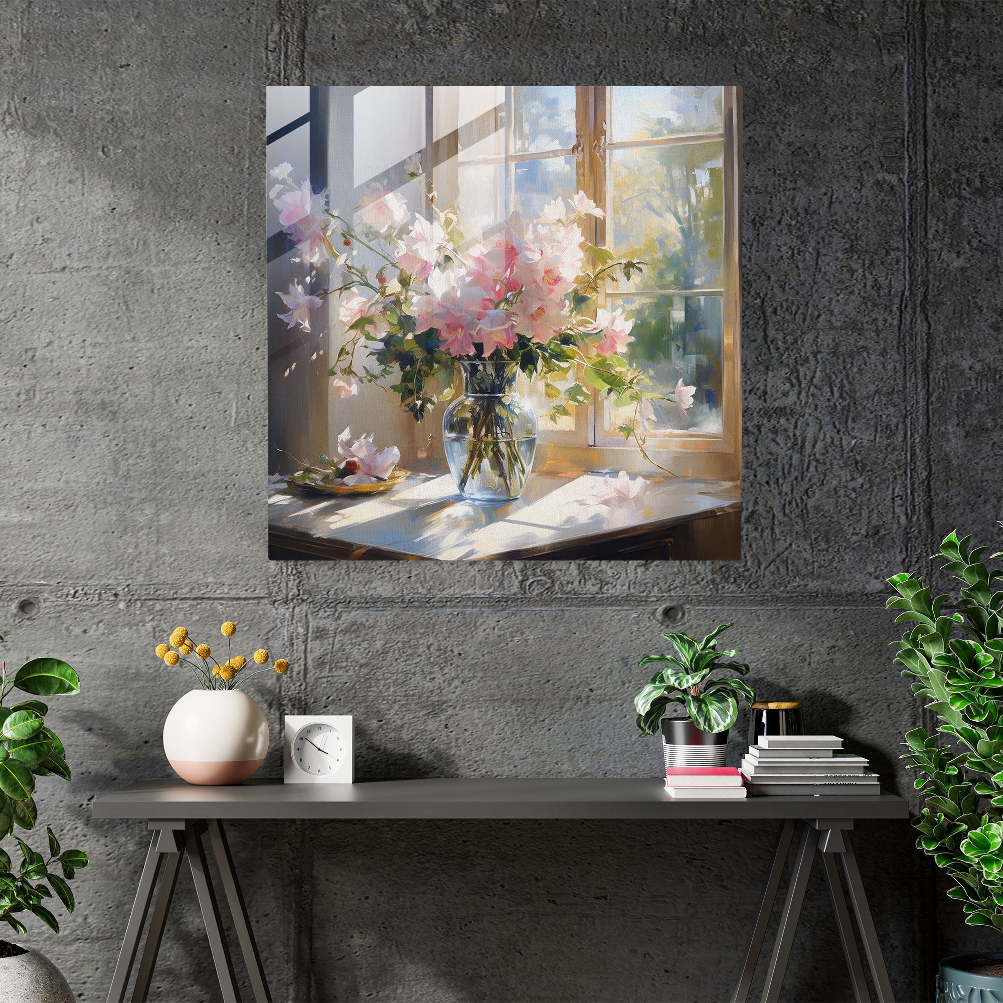 Klasik Çiçeklerle Dolu Cam Tablo - Modern Sanat Cam Duvar Sanatı Duvar Dekorasyonu