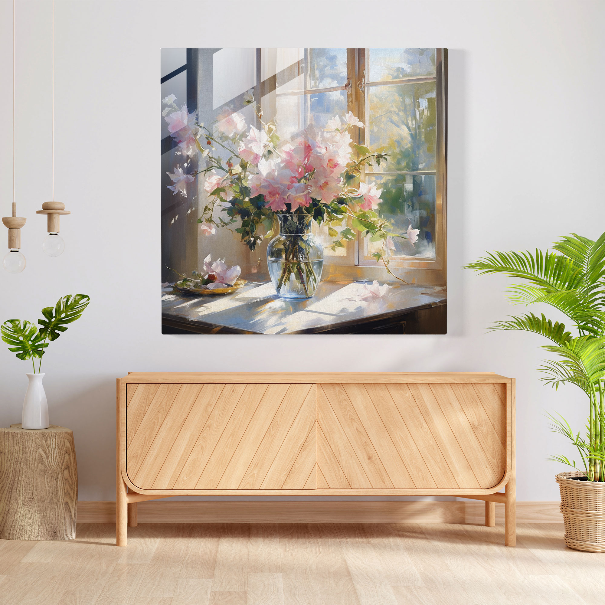 Klasik Çiçeklerle Dolu Cam Tablo - Modern Sanat Cam Duvar Sanatı Duvar Dekorasyonu