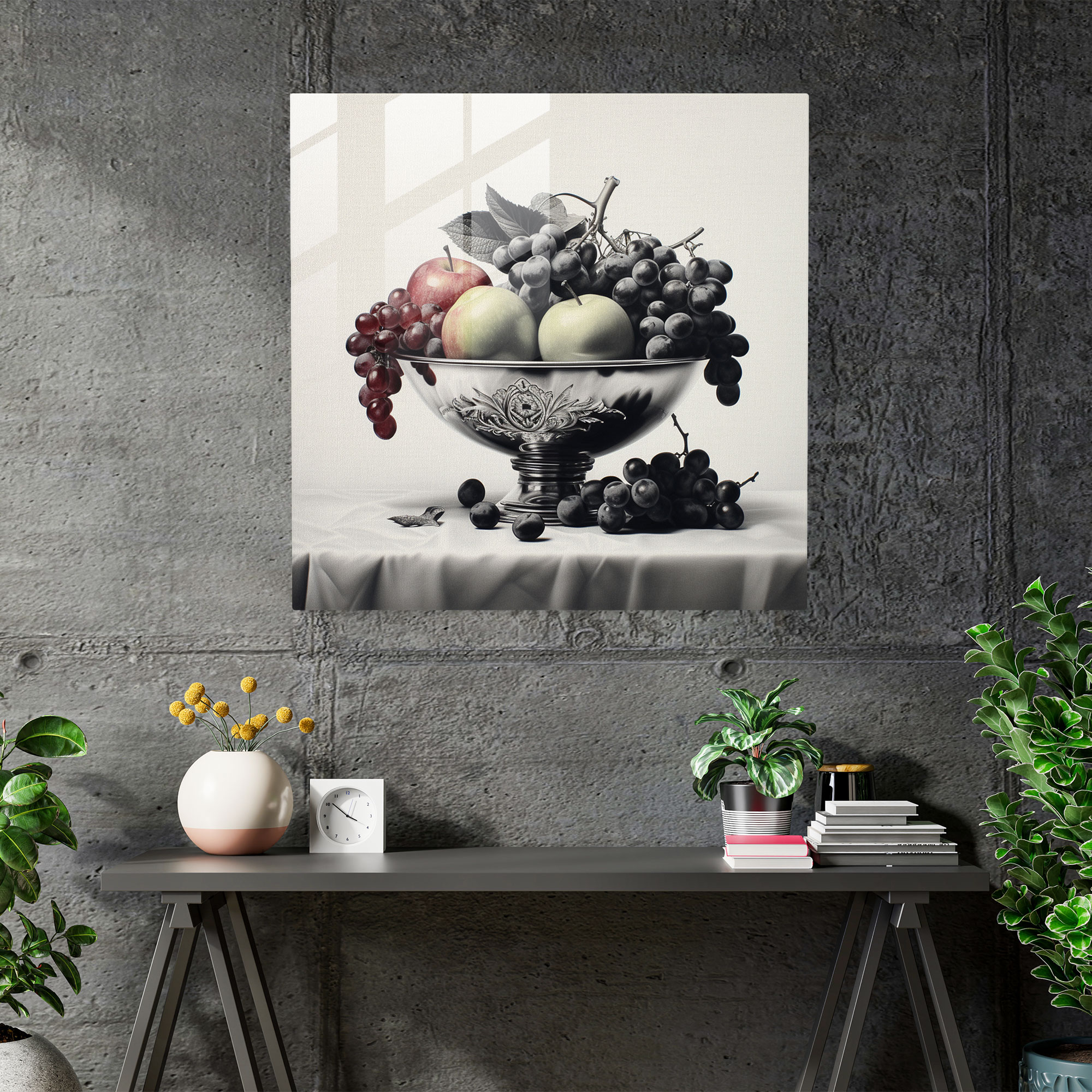Still Life Glass Print - Monochromatic Harvest - Still Life, Freshly Picked Fruits, Glass Wall Art, Home Decoration