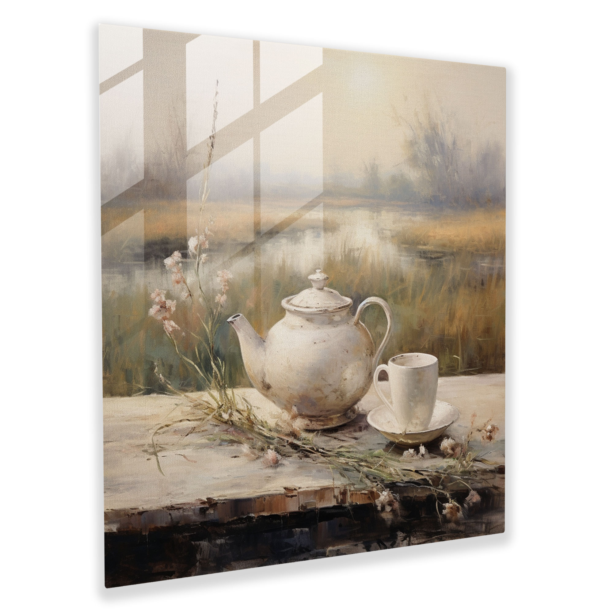 Still Life Glass Print - Serene Tea Time - Still Life, Modern Art, Home Decoration, Teacup